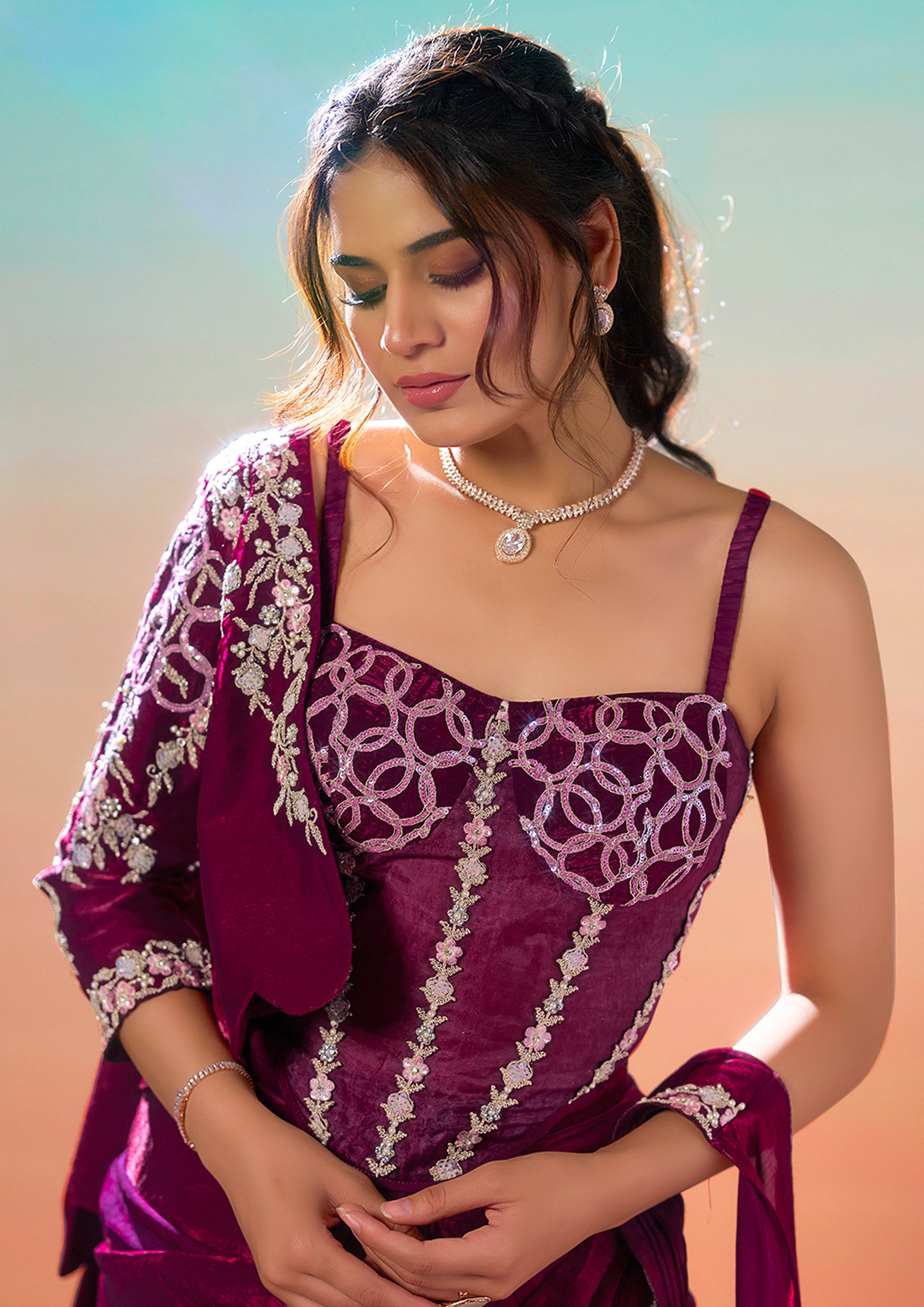 Wine Plum Embellished Satin Silk Draped Saree