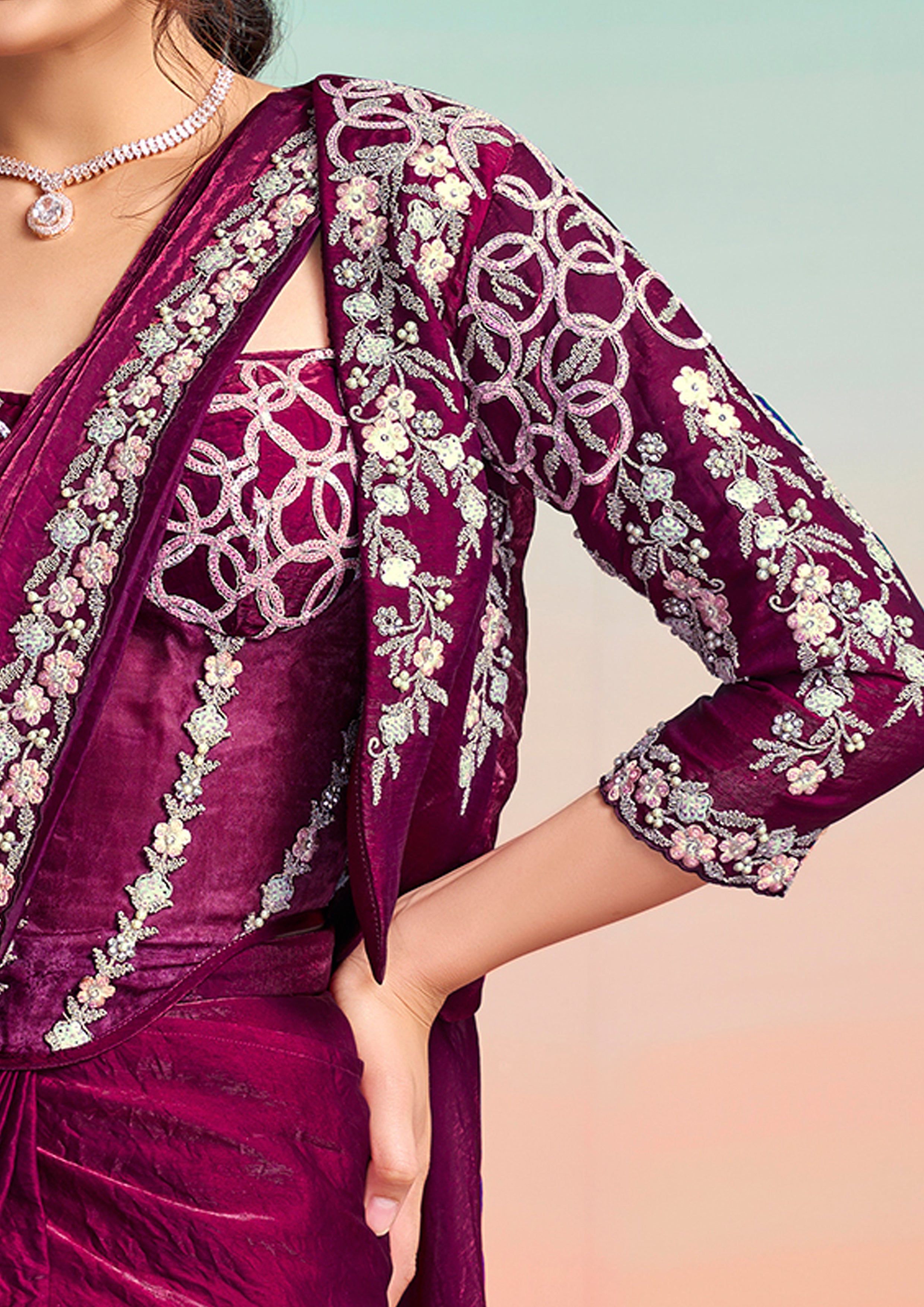 Wine Plum Embellished Satin Silk Draped Saree