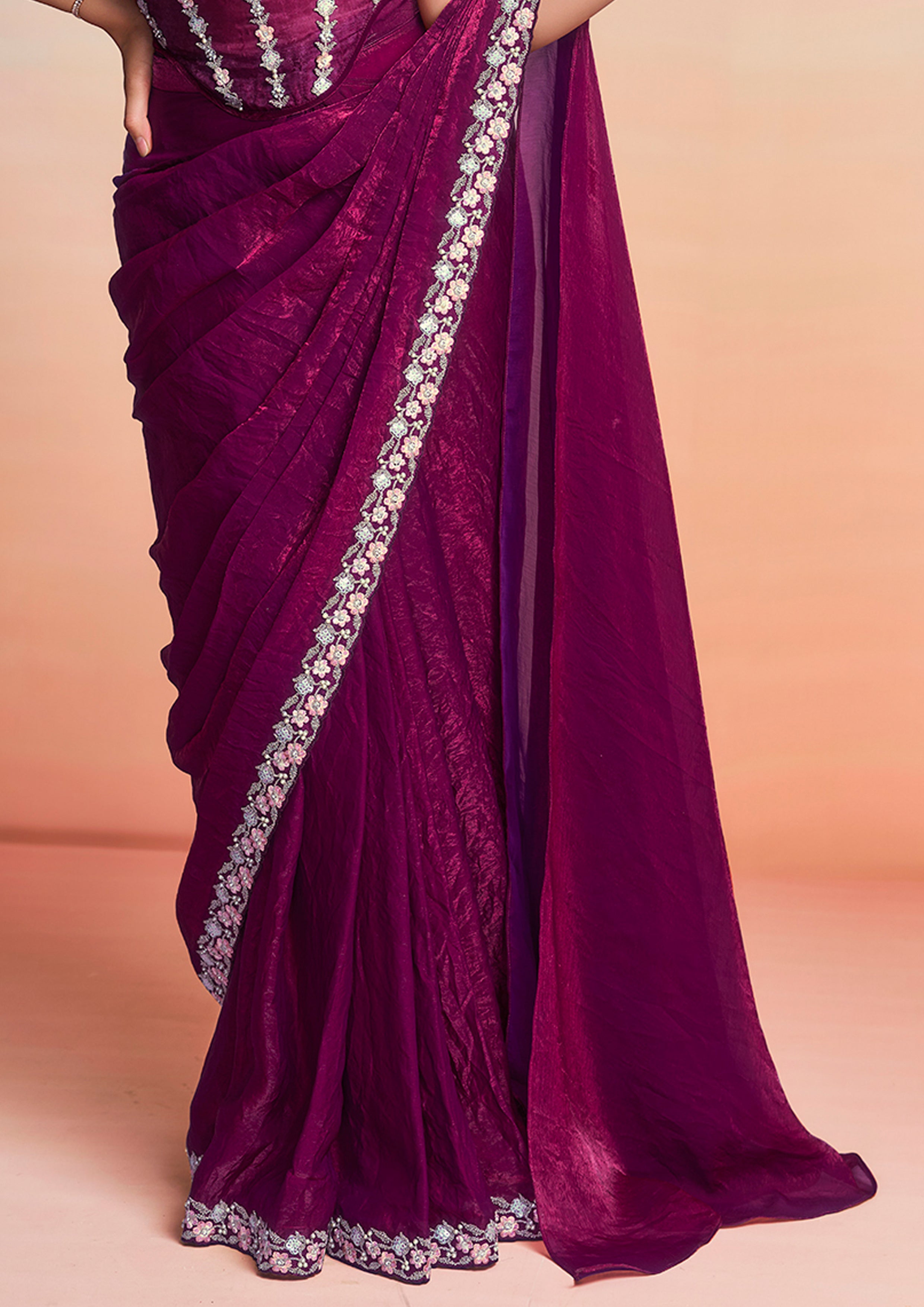 Wine Plum Embellished Satin Silk Draped Saree
