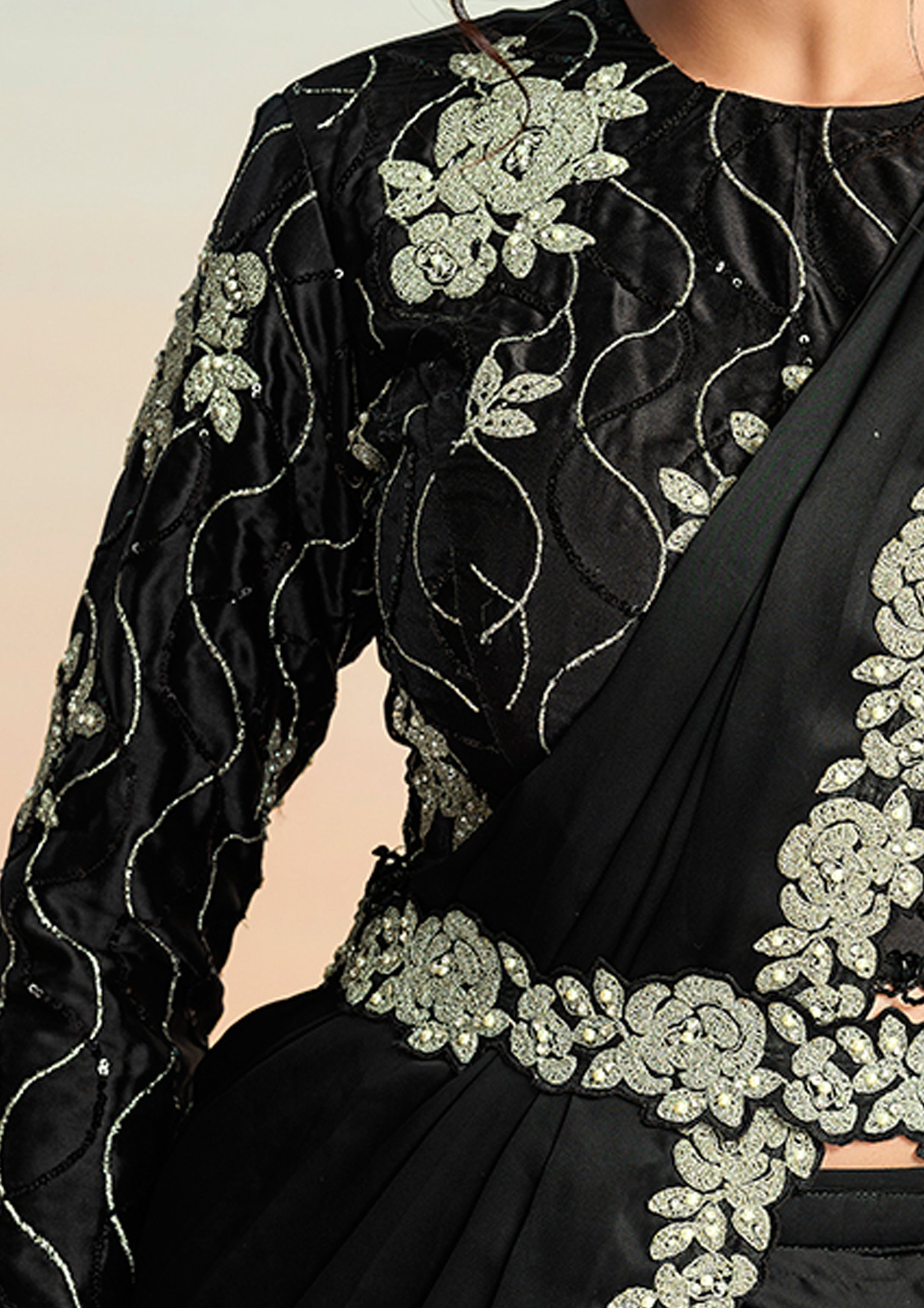 Black Embellished Satin Silk Draped Saree