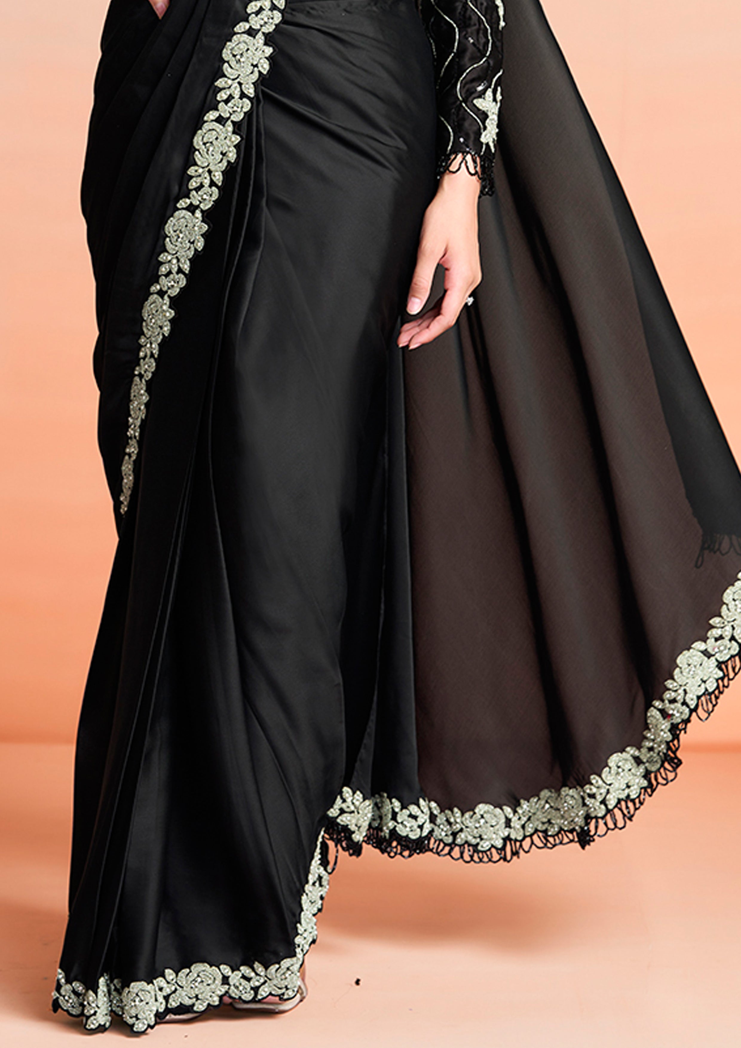 Black Embellished Satin Silk Draped Saree