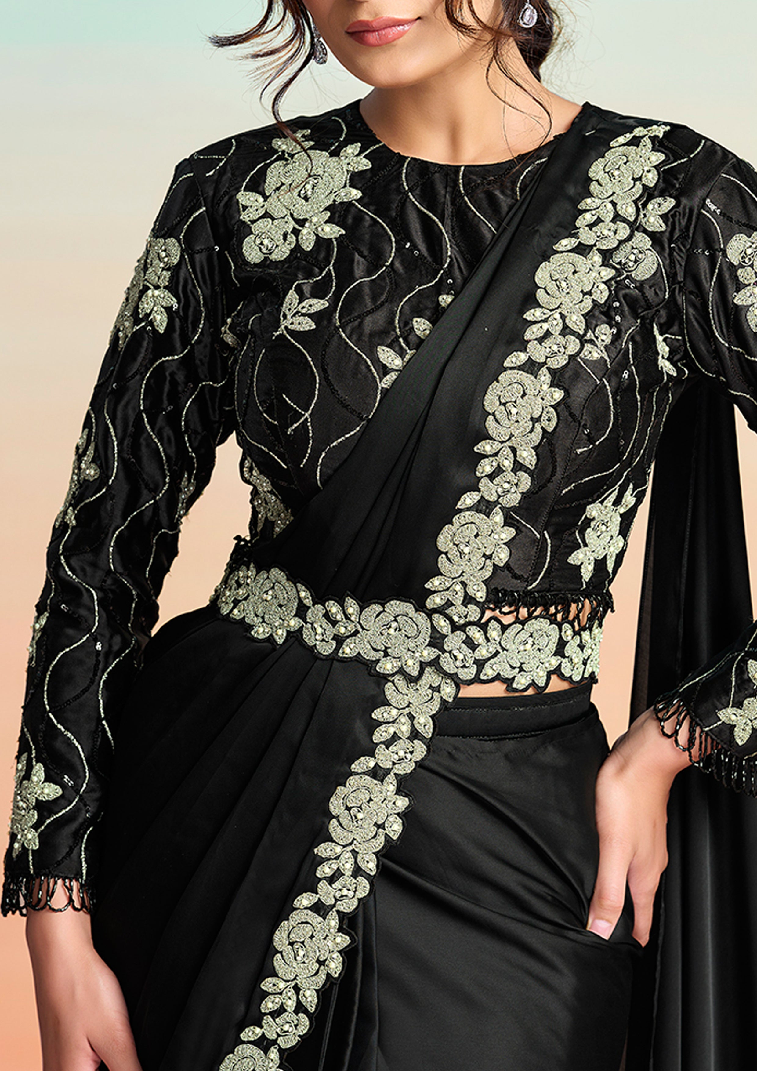 Black Embellished Satin Silk Draped Saree