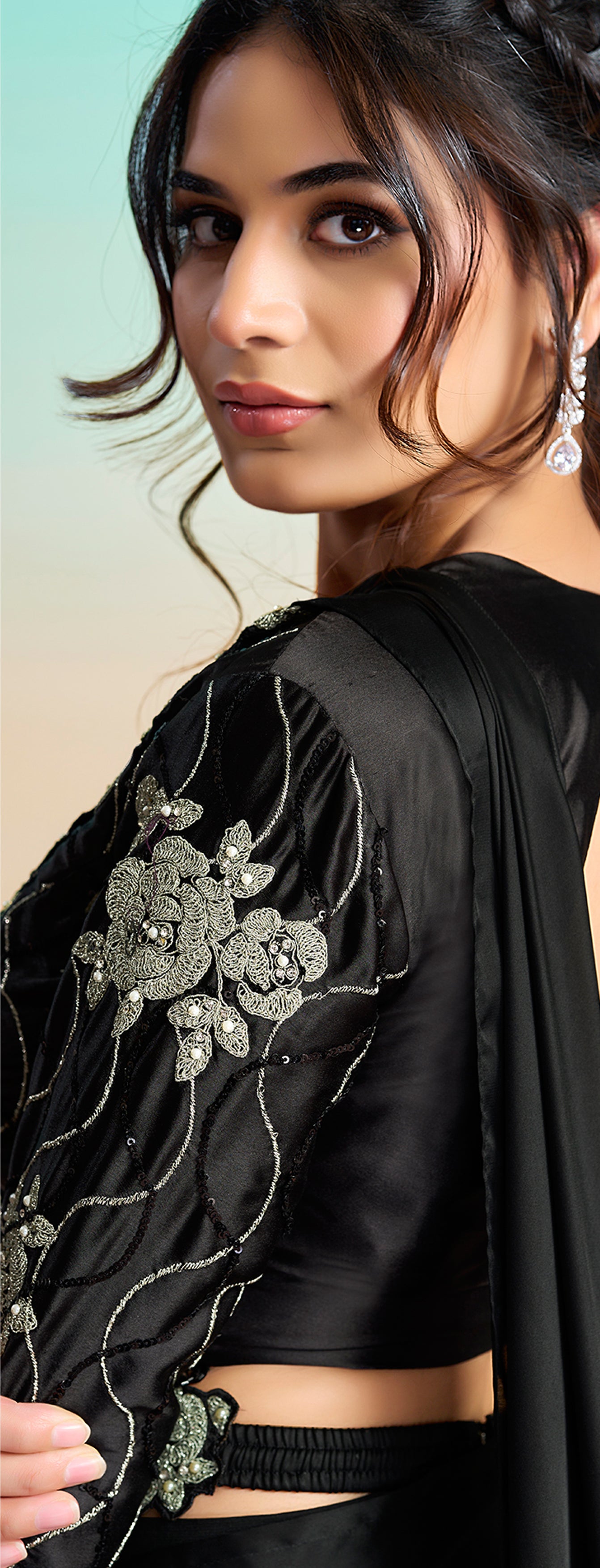 Black Embellished Satin Silk Draped Saree