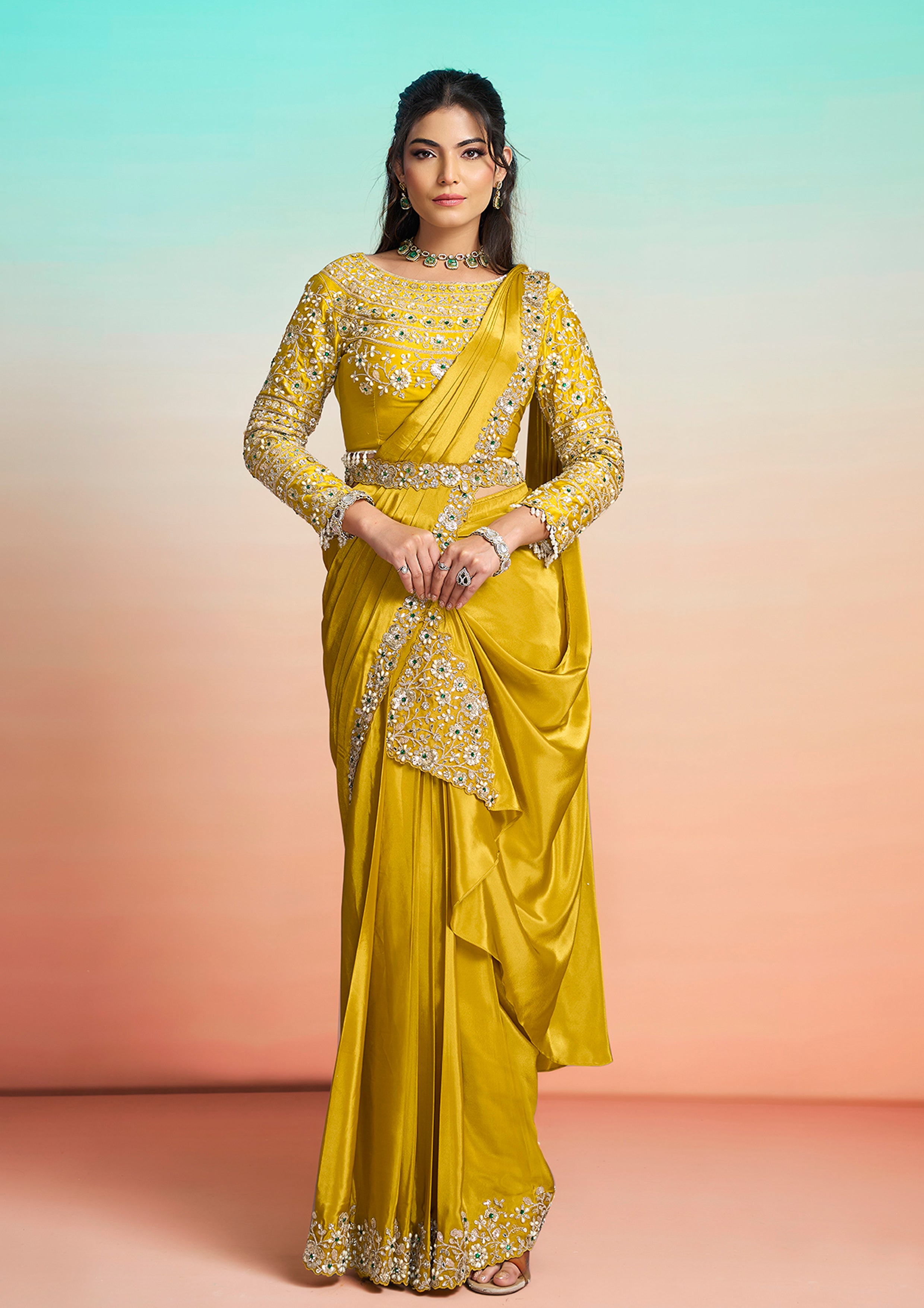 Golden Mustard Embellished Crepe Silk Draped Saree