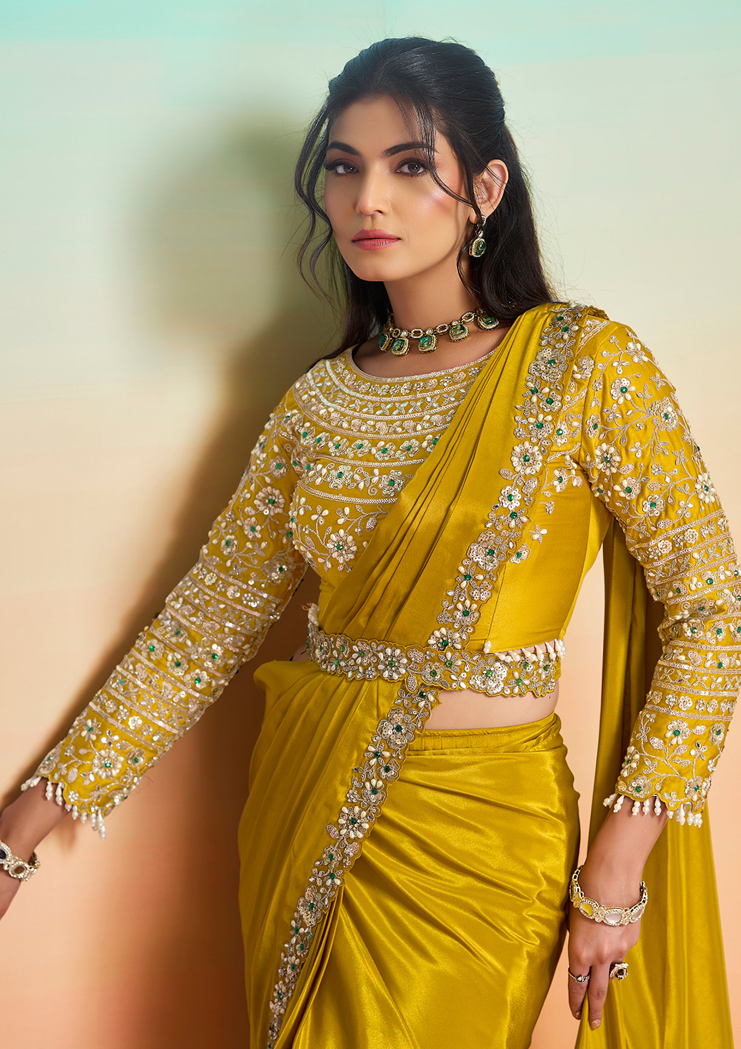 Golden Mustard Embellished Crepe Silk Draped Saree
