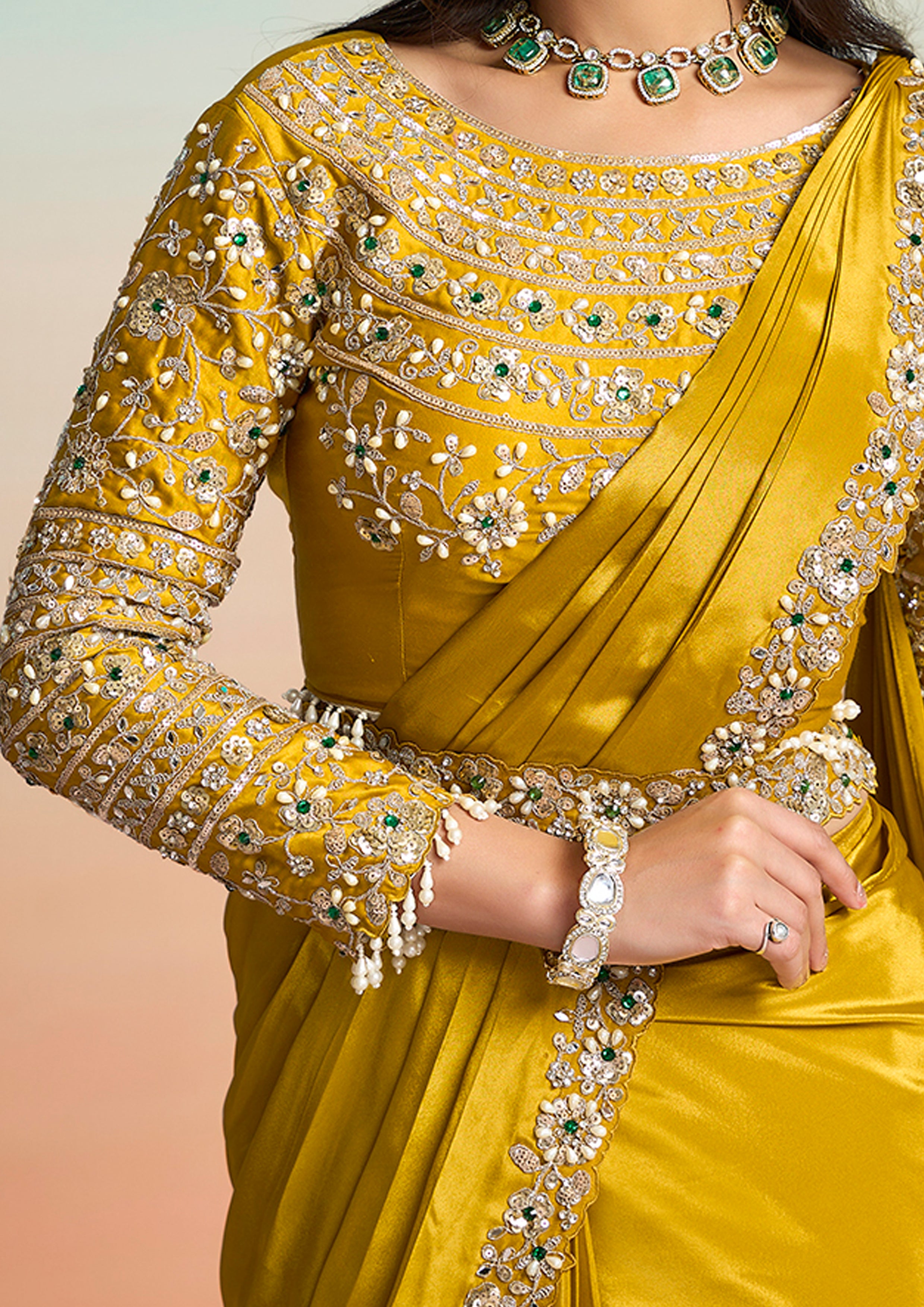 Golden Mustard Embellished Crepe Silk Draped Saree