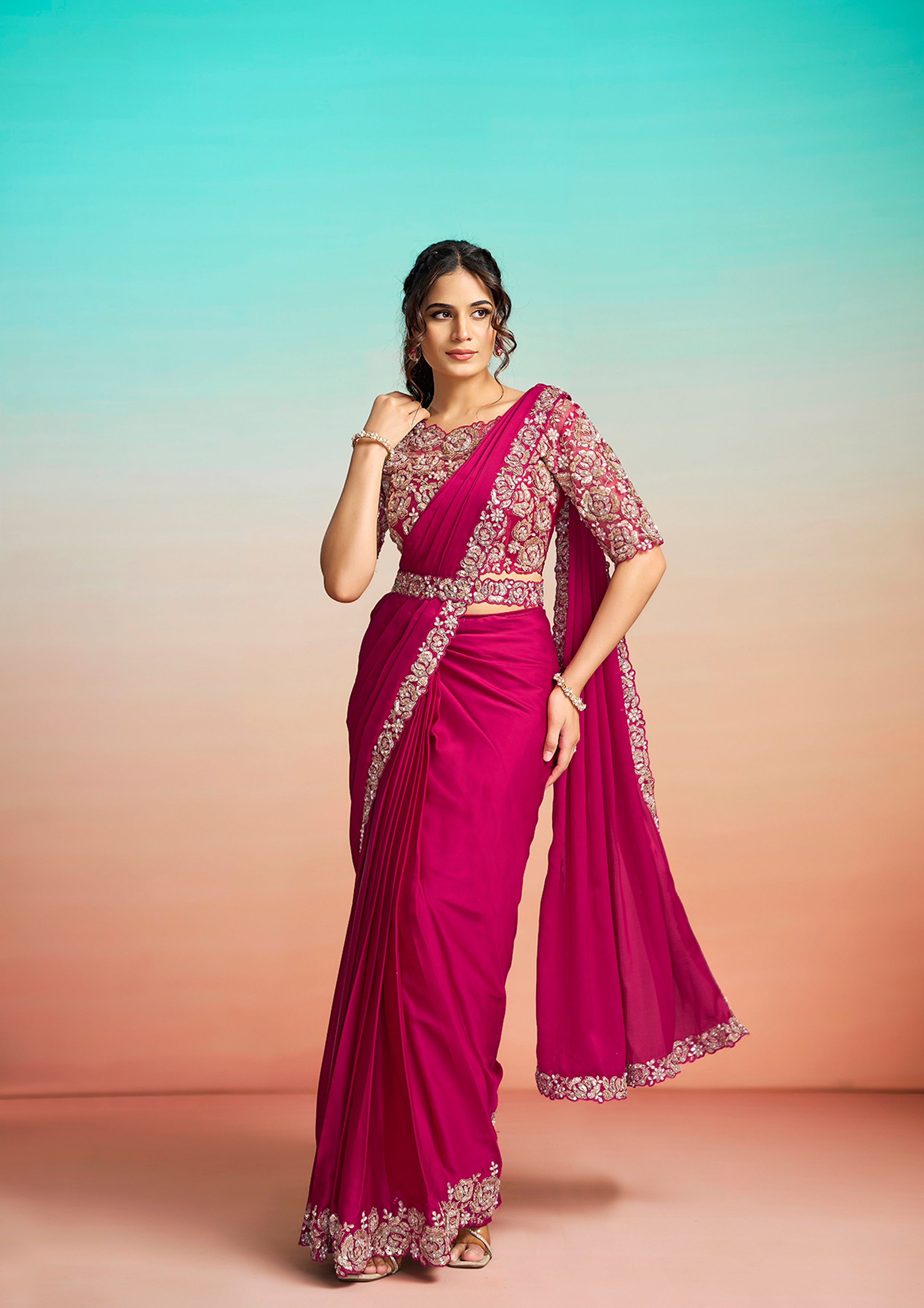 Rani Pink Embellished Satin Silk Draped Saree