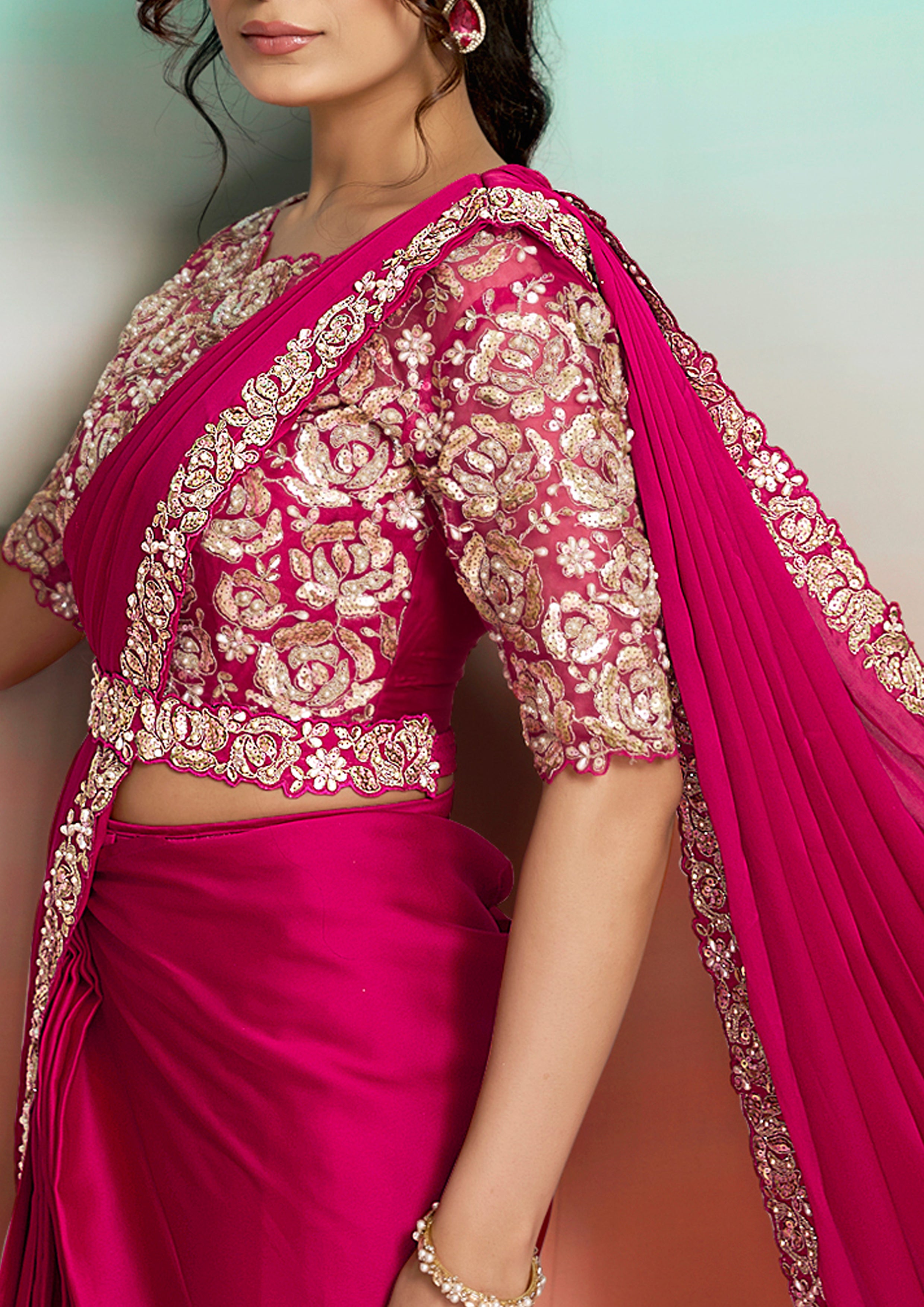 Rani Pink Embellished Satin Silk Draped Saree