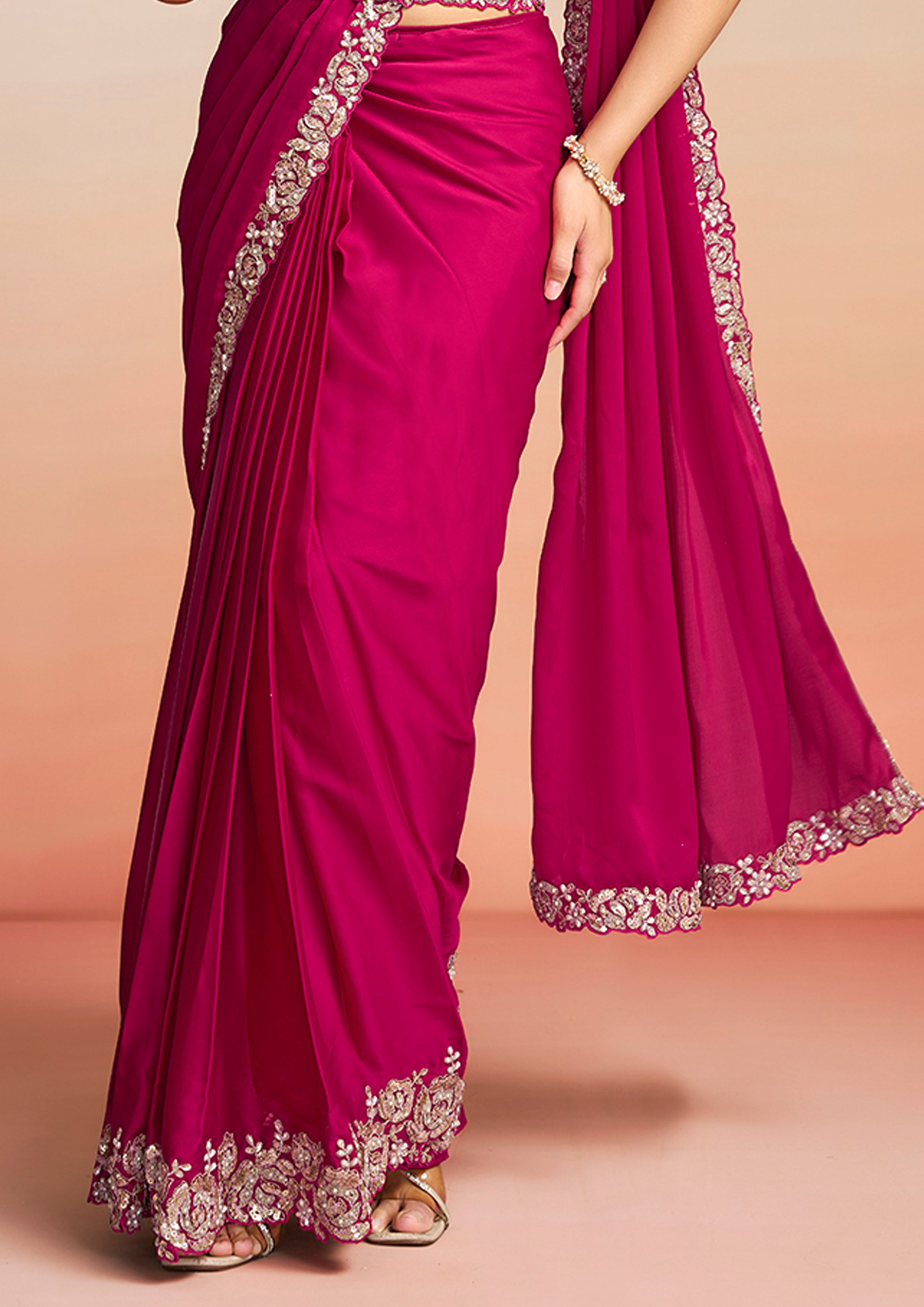 Rani Pink Embellished Satin Silk Draped Saree
