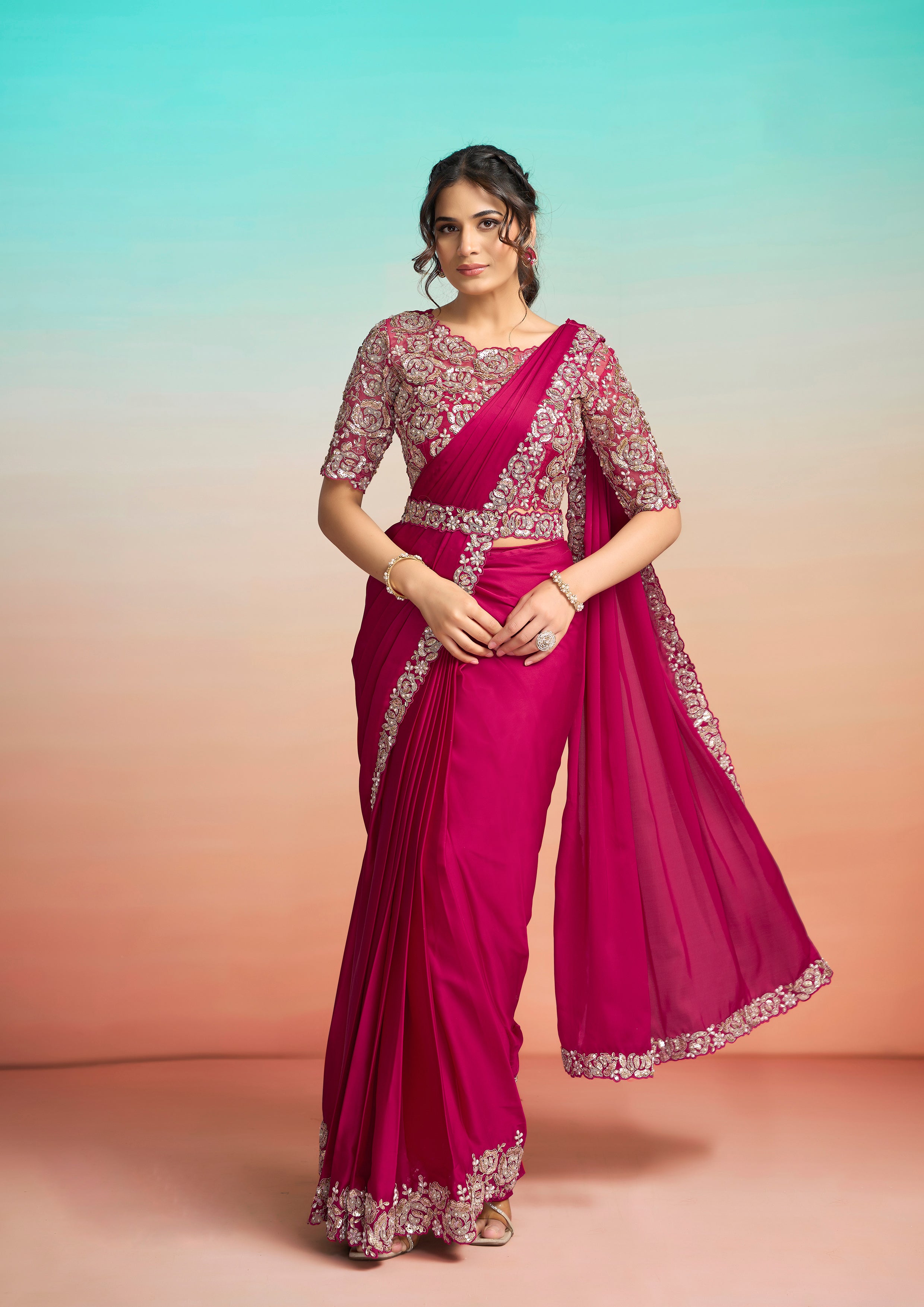 Rani Pink Embellished Satin Silk Draped Saree