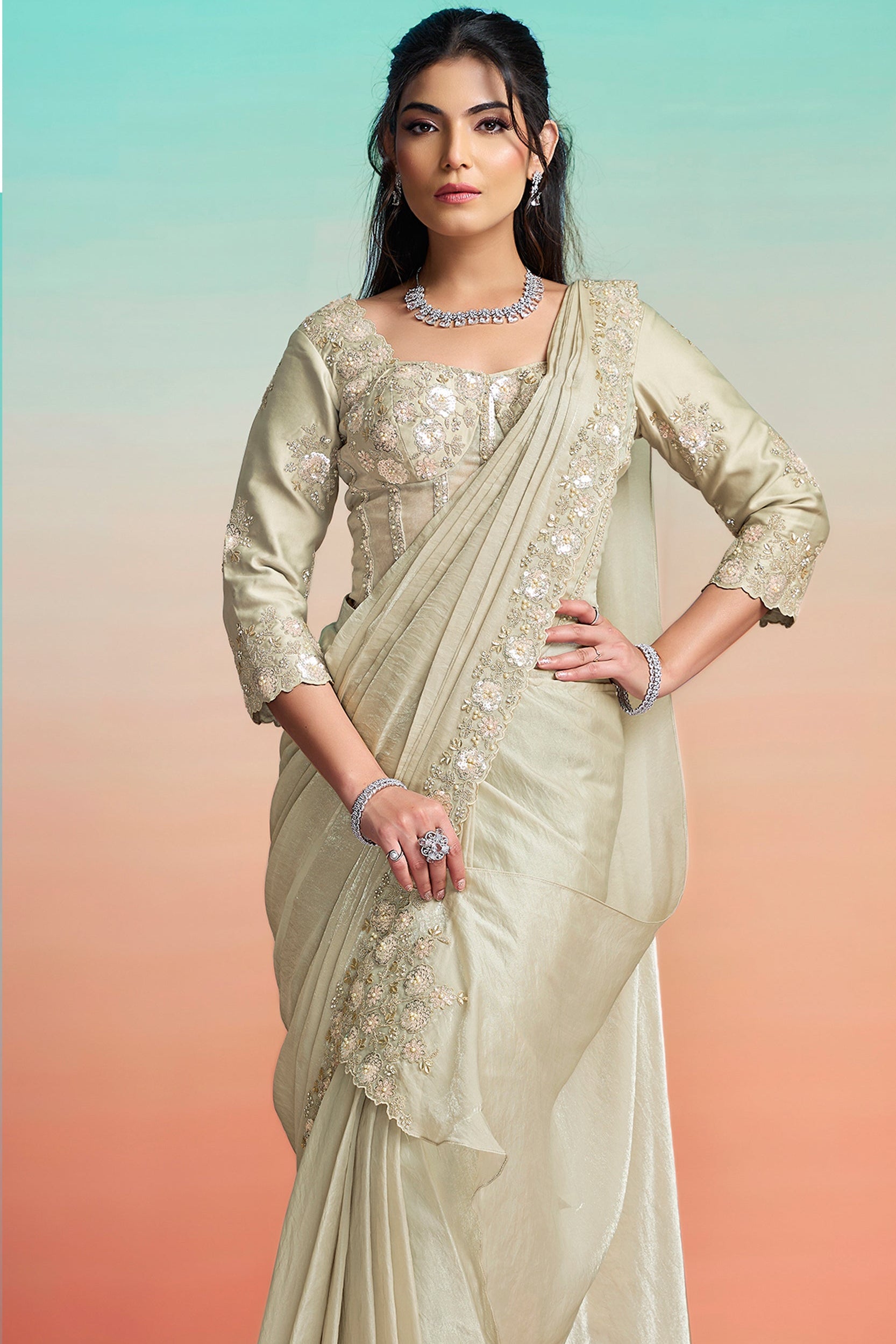 Pearl Grey Floral Embroidered Satin Silk Draped Saree