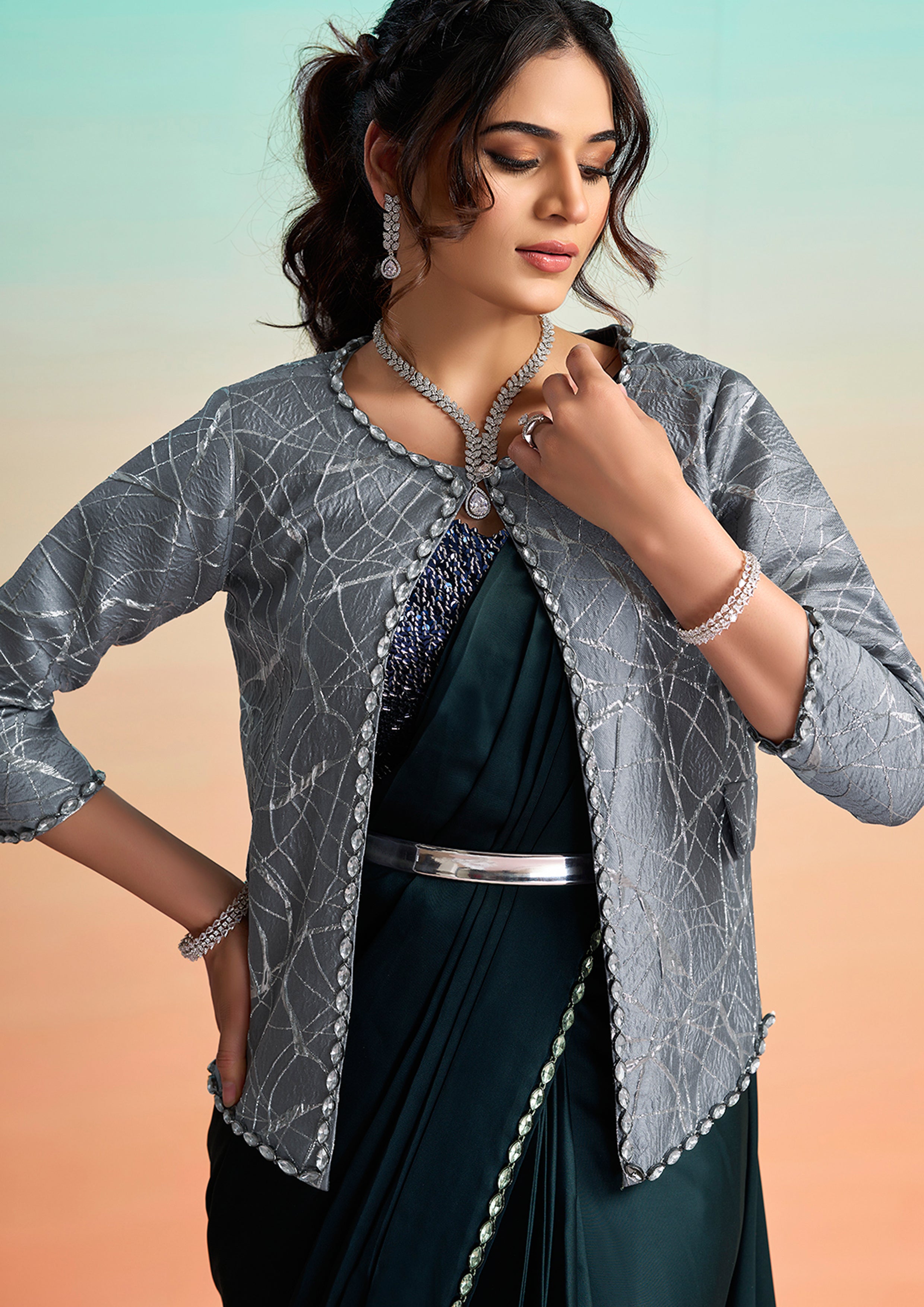 Navy Blue Floral Embroidered Satin Silk Draped Saree
