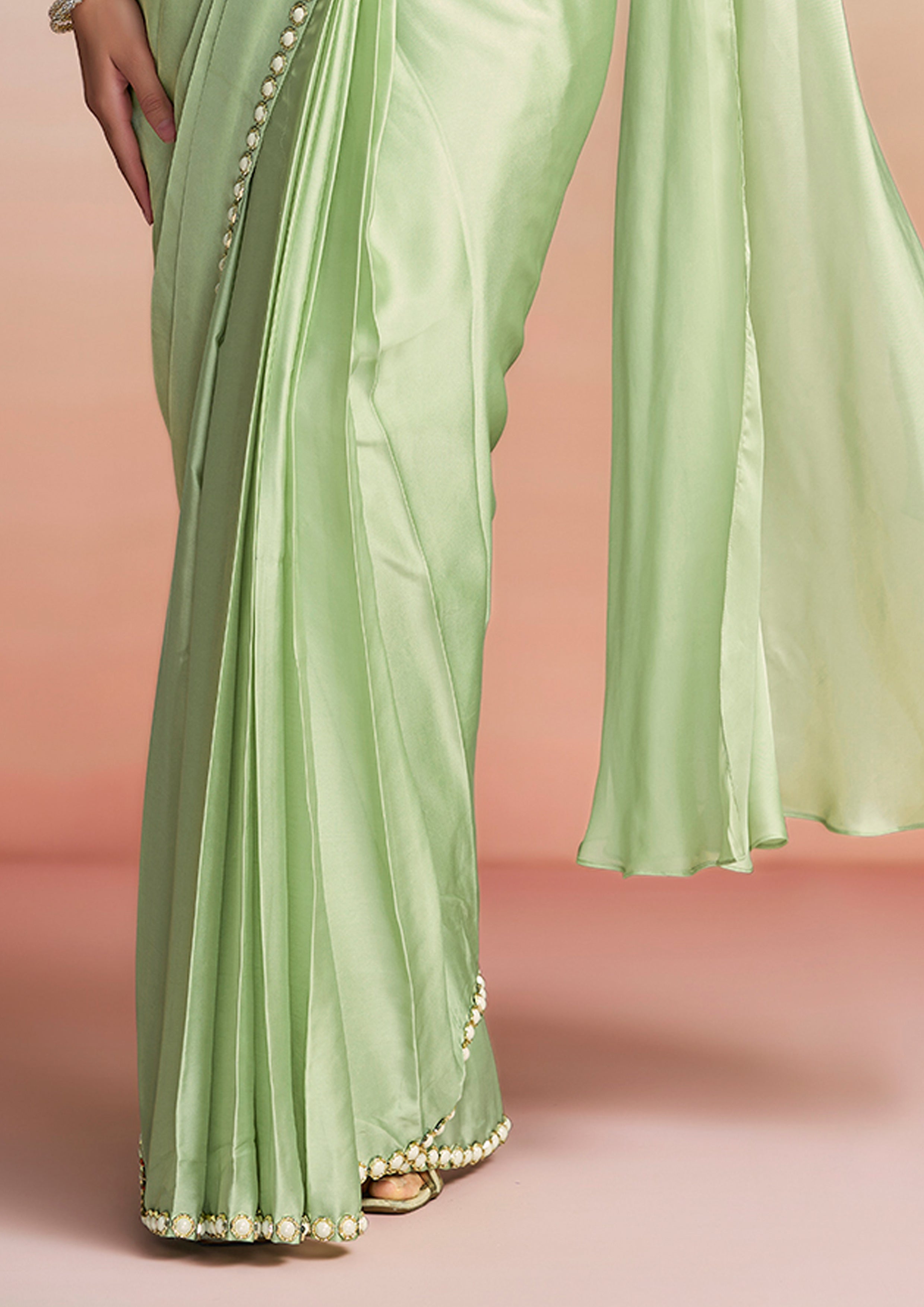Mint Green Embroidered Satin Silk Draped Saree