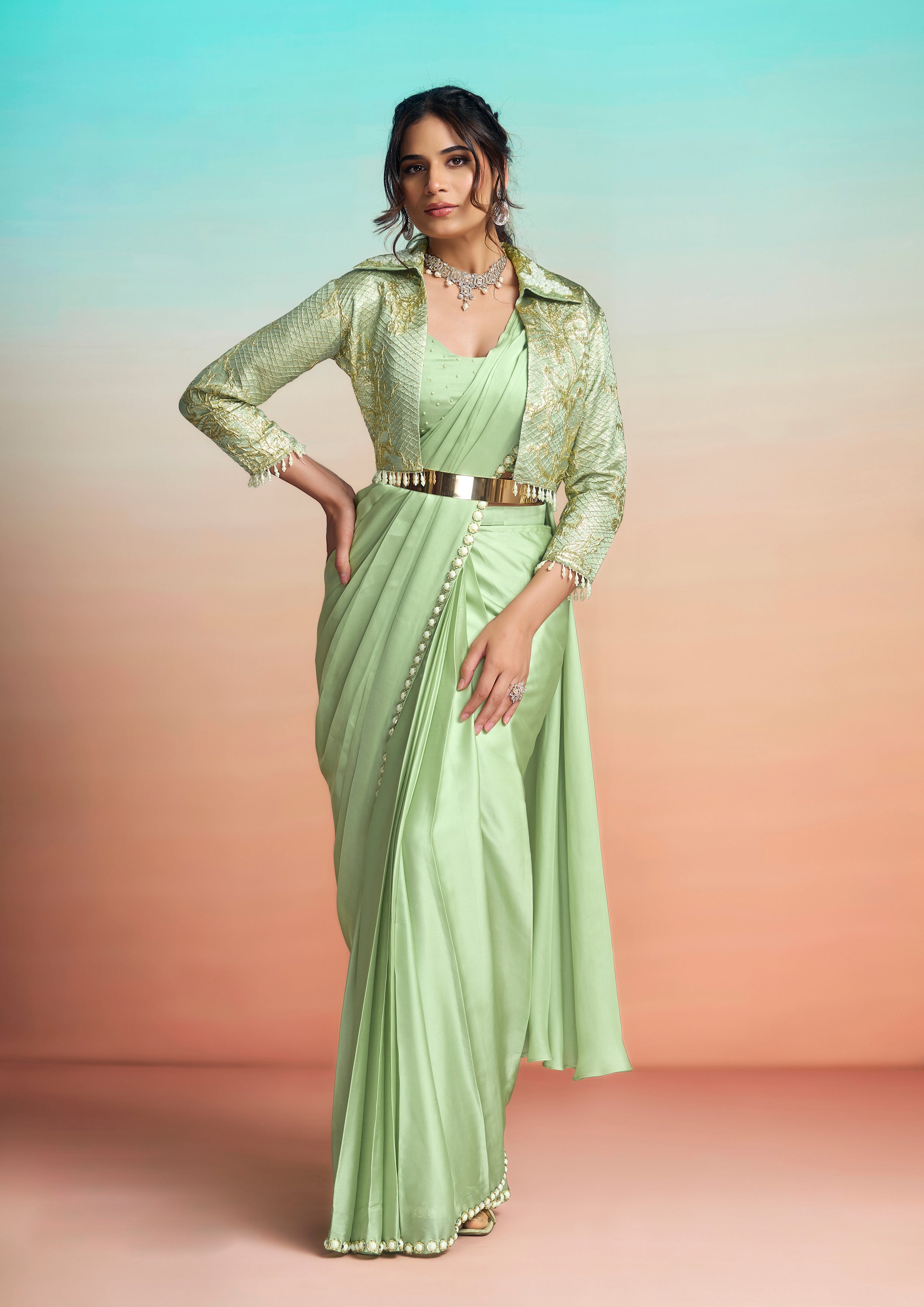 Mint Green Embroidered Satin Silk Draped Saree