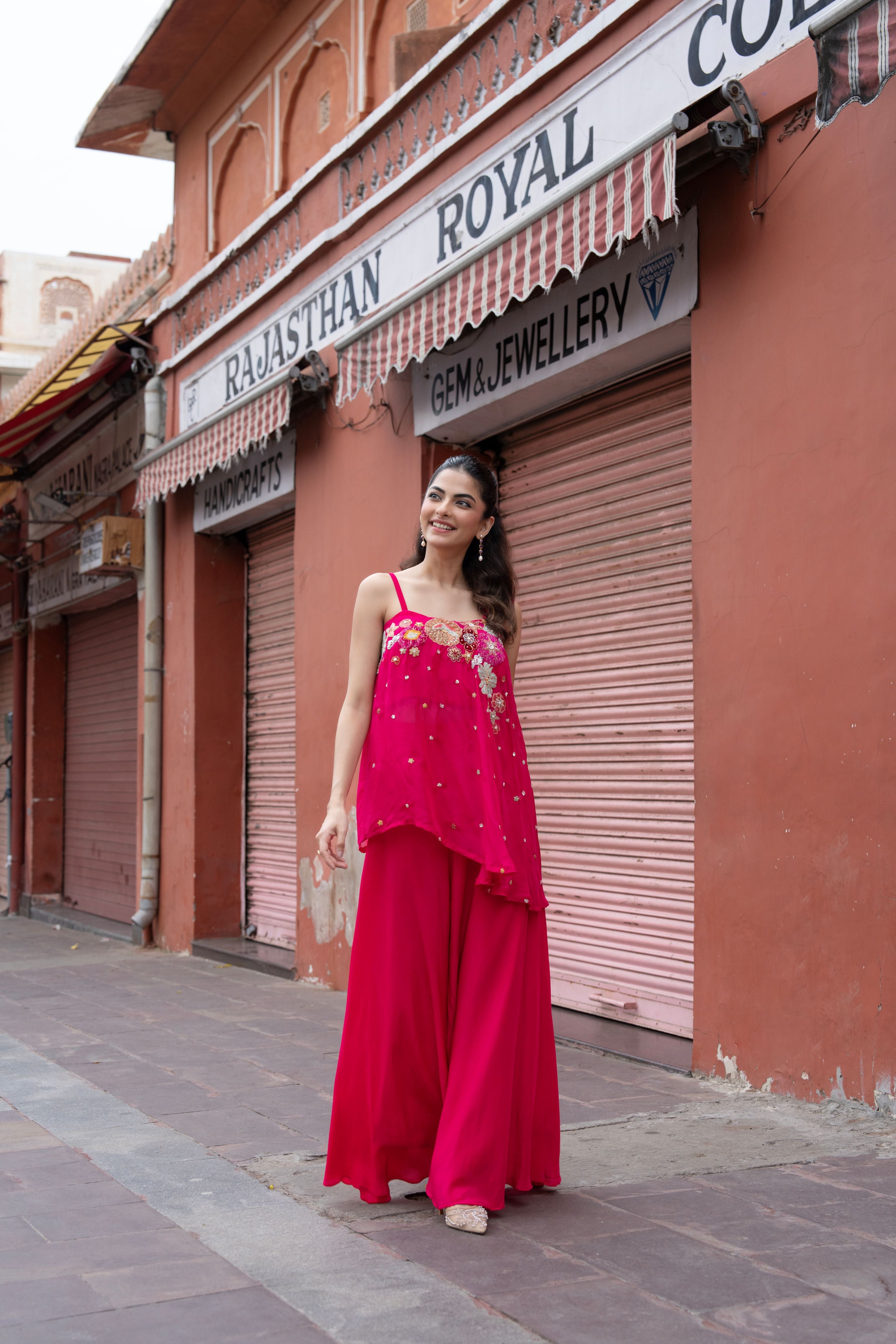 Pink Bloom Embellished Crepe Silk Palazzo Set