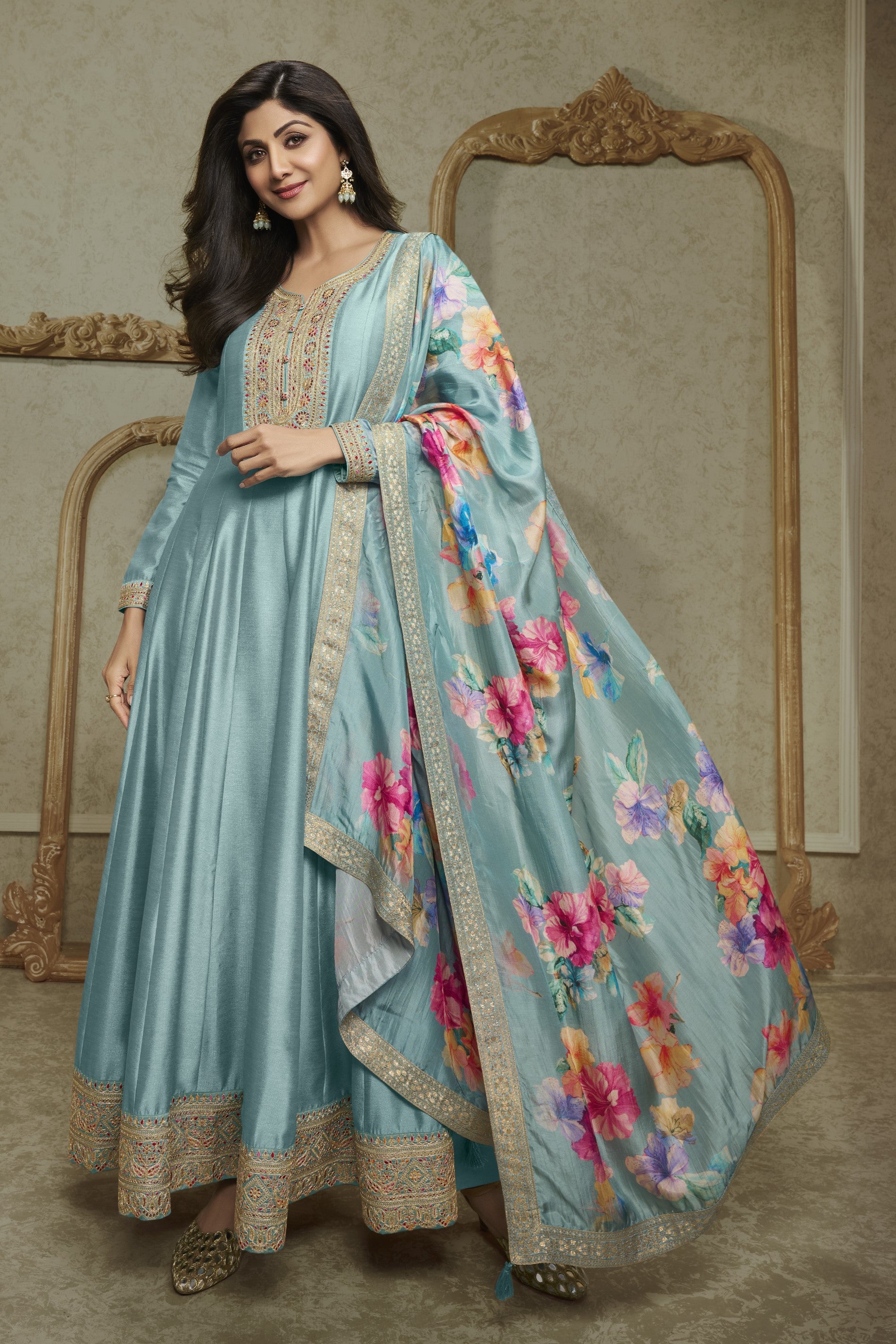 Pastel Blue Embellished Raw Silk Anarkali Set