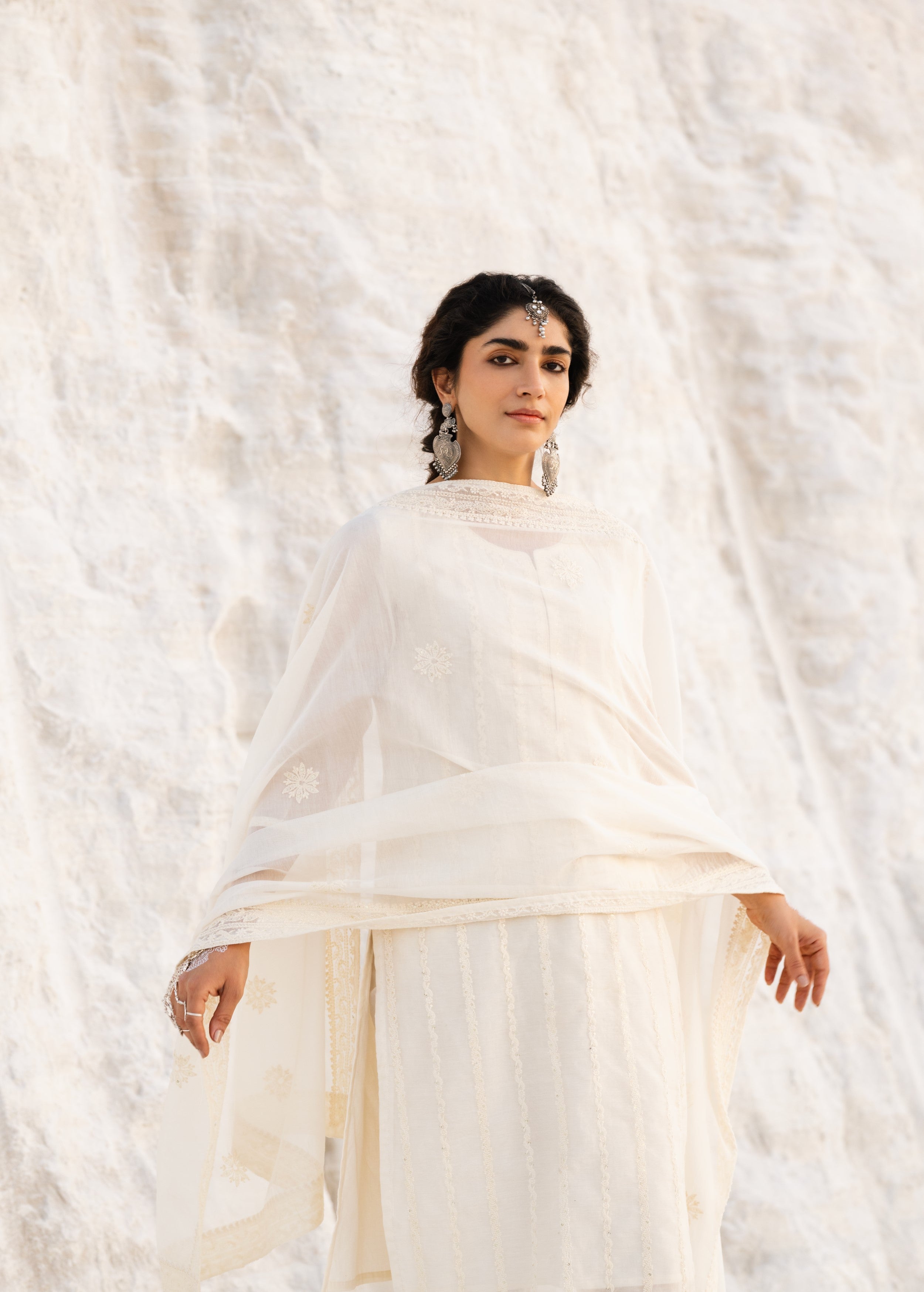 Off-White Embroidered Mul-Chanderi Silk Pant Set