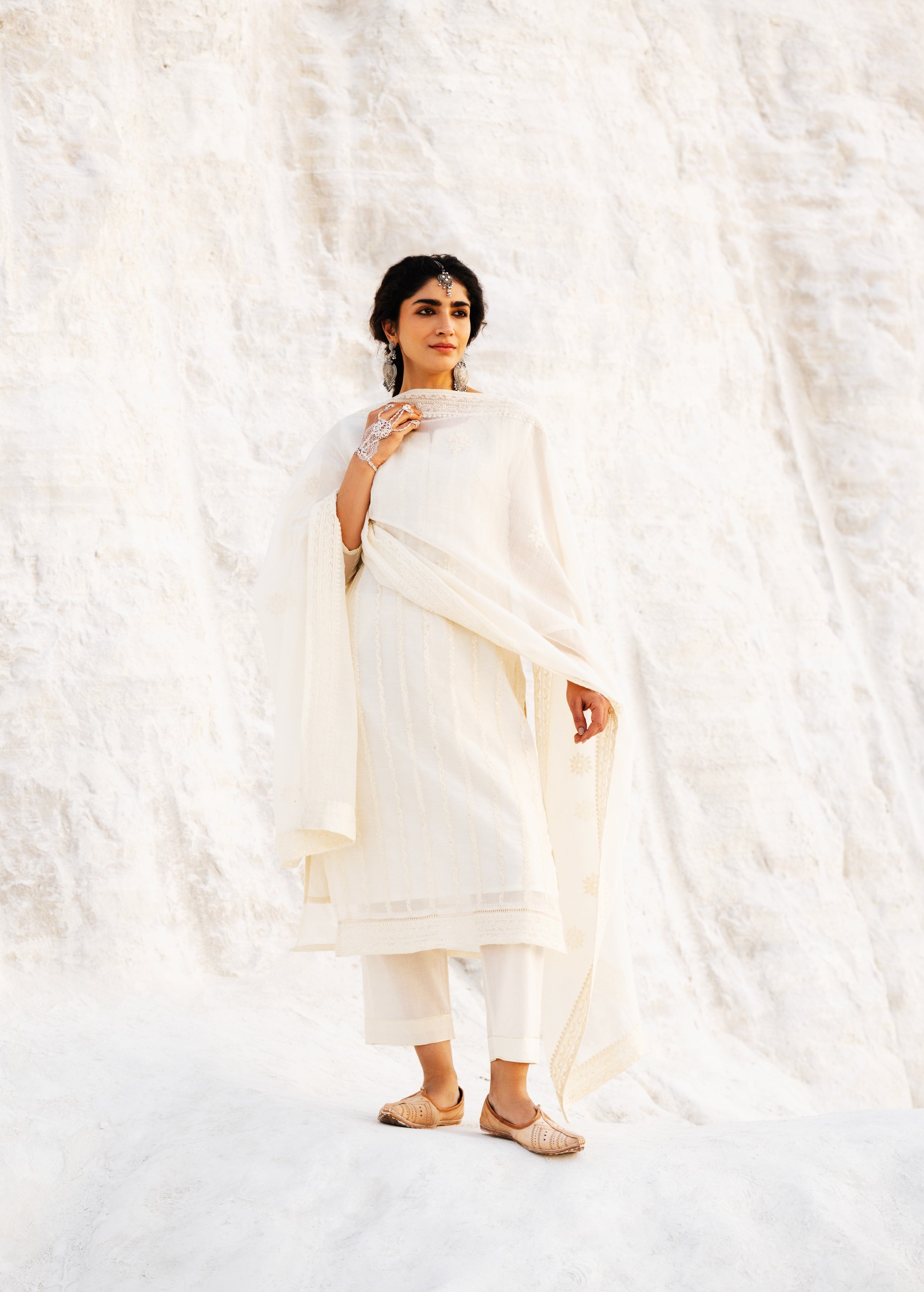 Off-White Embroidered Mul-Chanderi Silk Pant Set