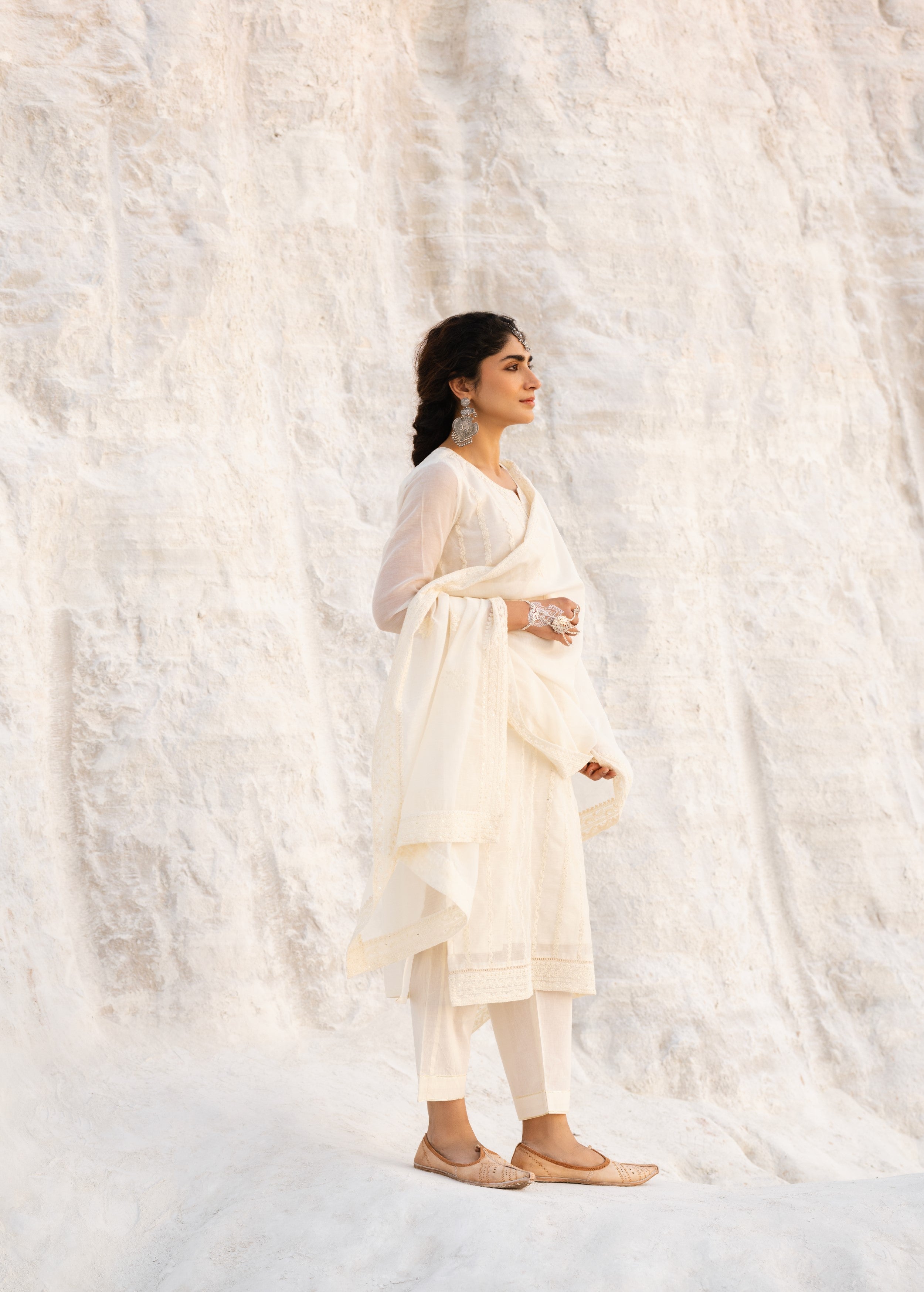 Off-White Embroidered Mul-Chanderi Silk Pant Set