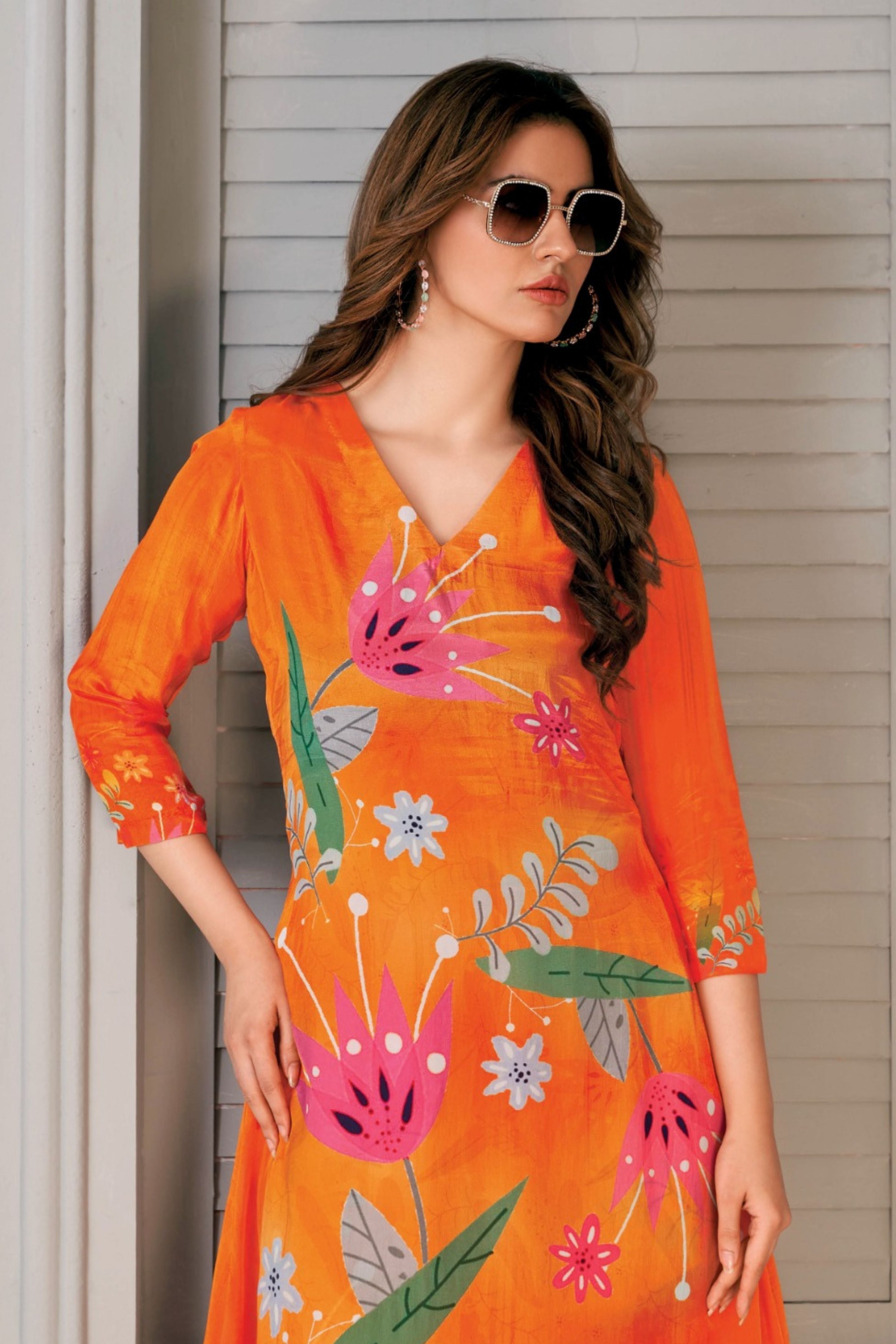 Neon Orange Floral Printed Crepe Silk Co-Ord Set