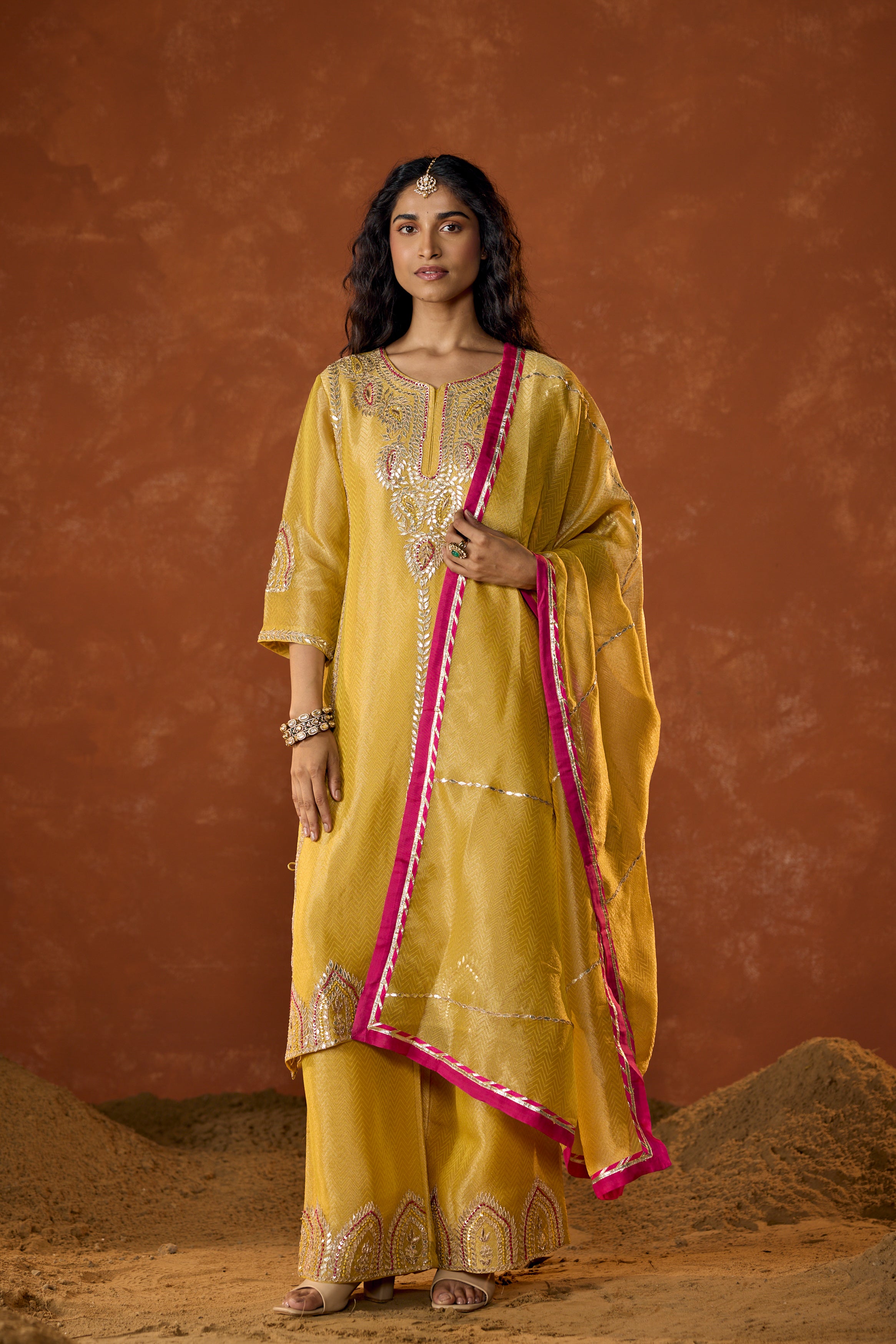 Marigold Yellow Embellished Shimmer Tissue Silk Palazzo Set