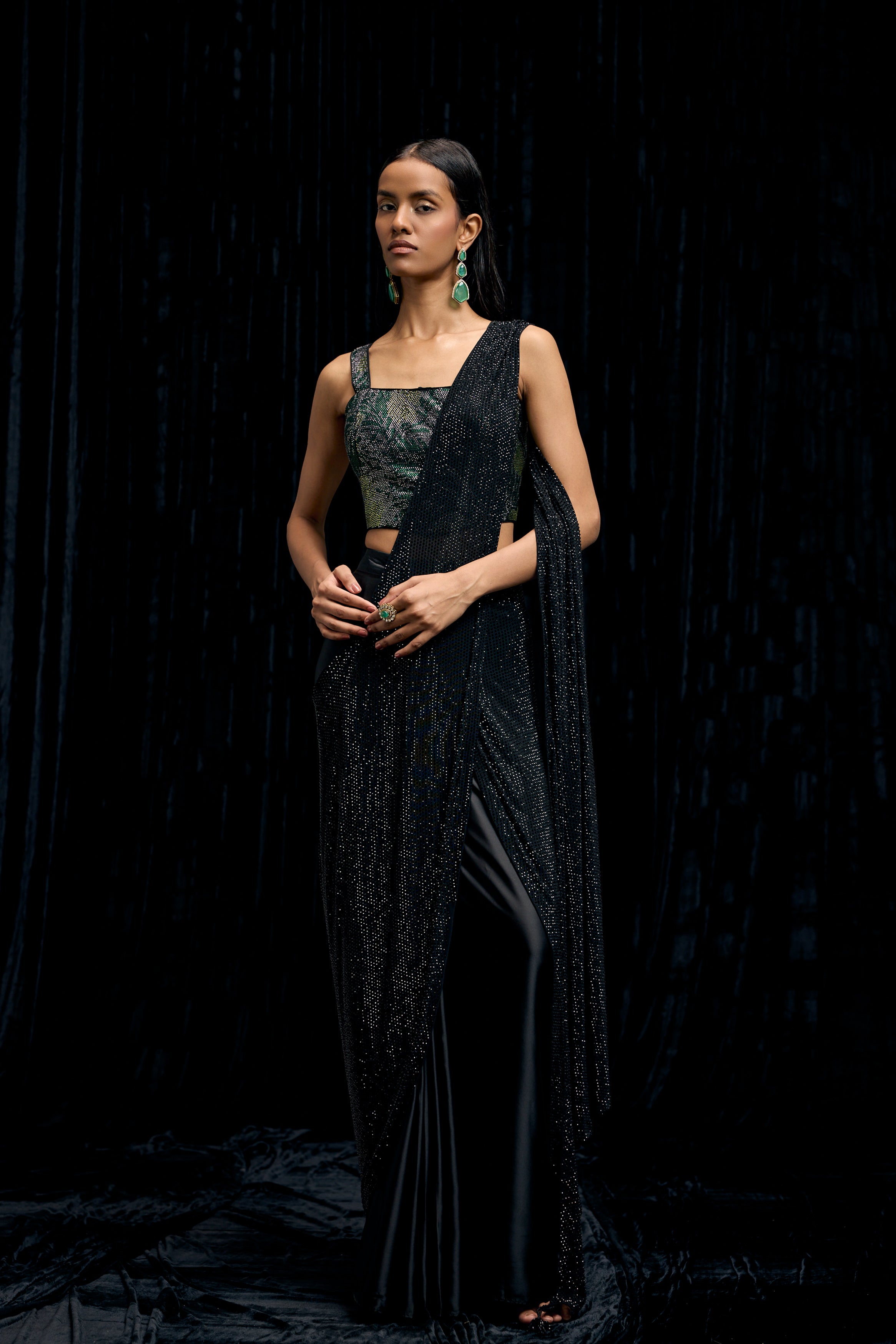 Rich Black Embellished Satin Silk Drape Saree