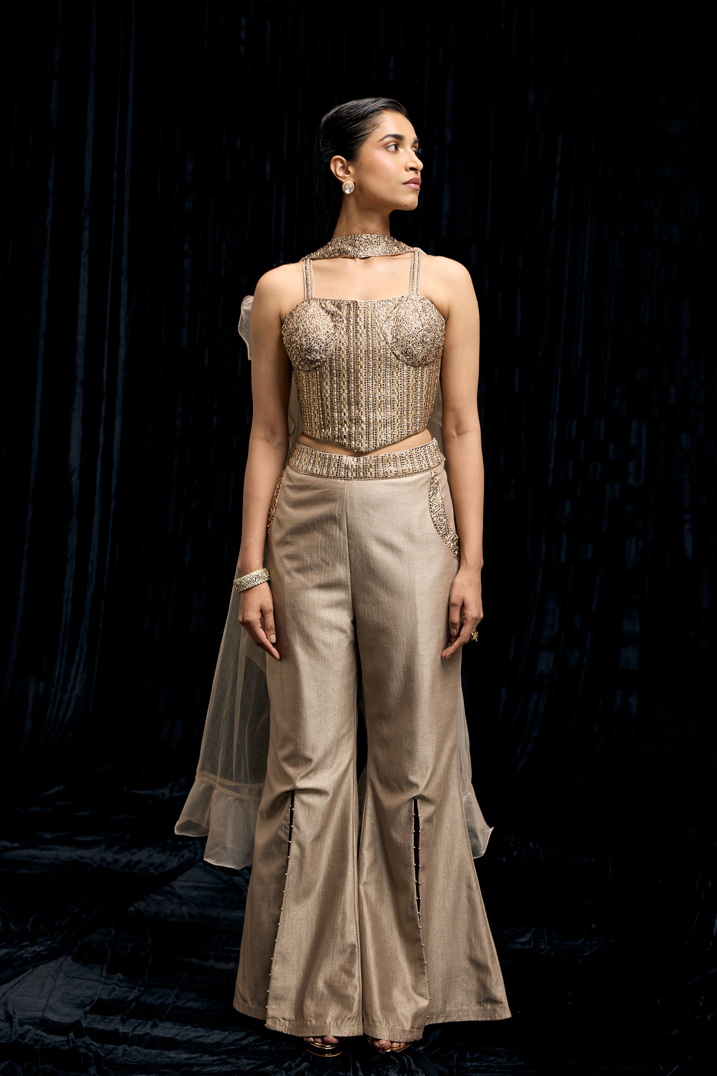 Champagne Gold Embellished Shimmer Tissue Silk Palazzo Set