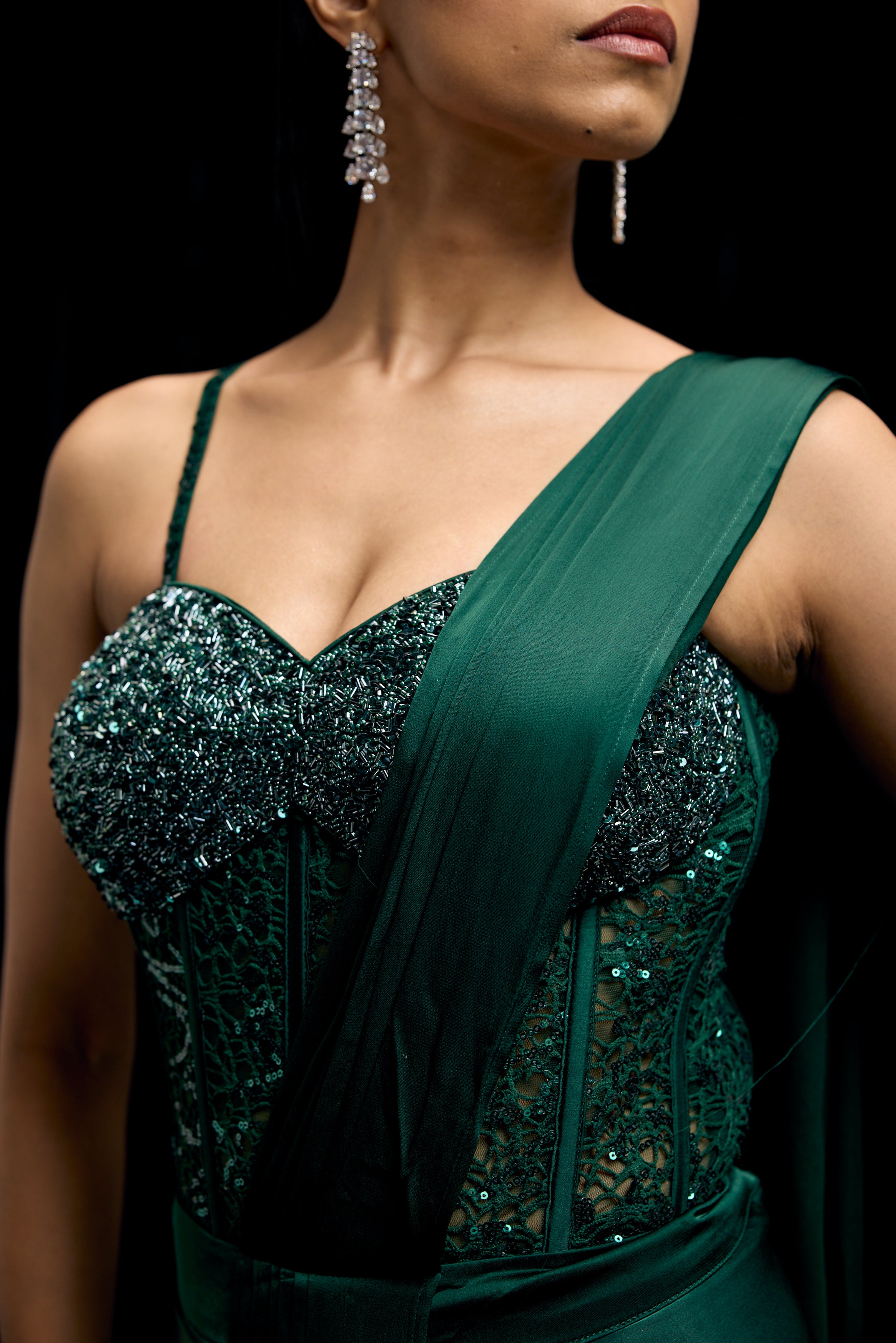 Emerald Green Embellished Satin Silk Draped Saree