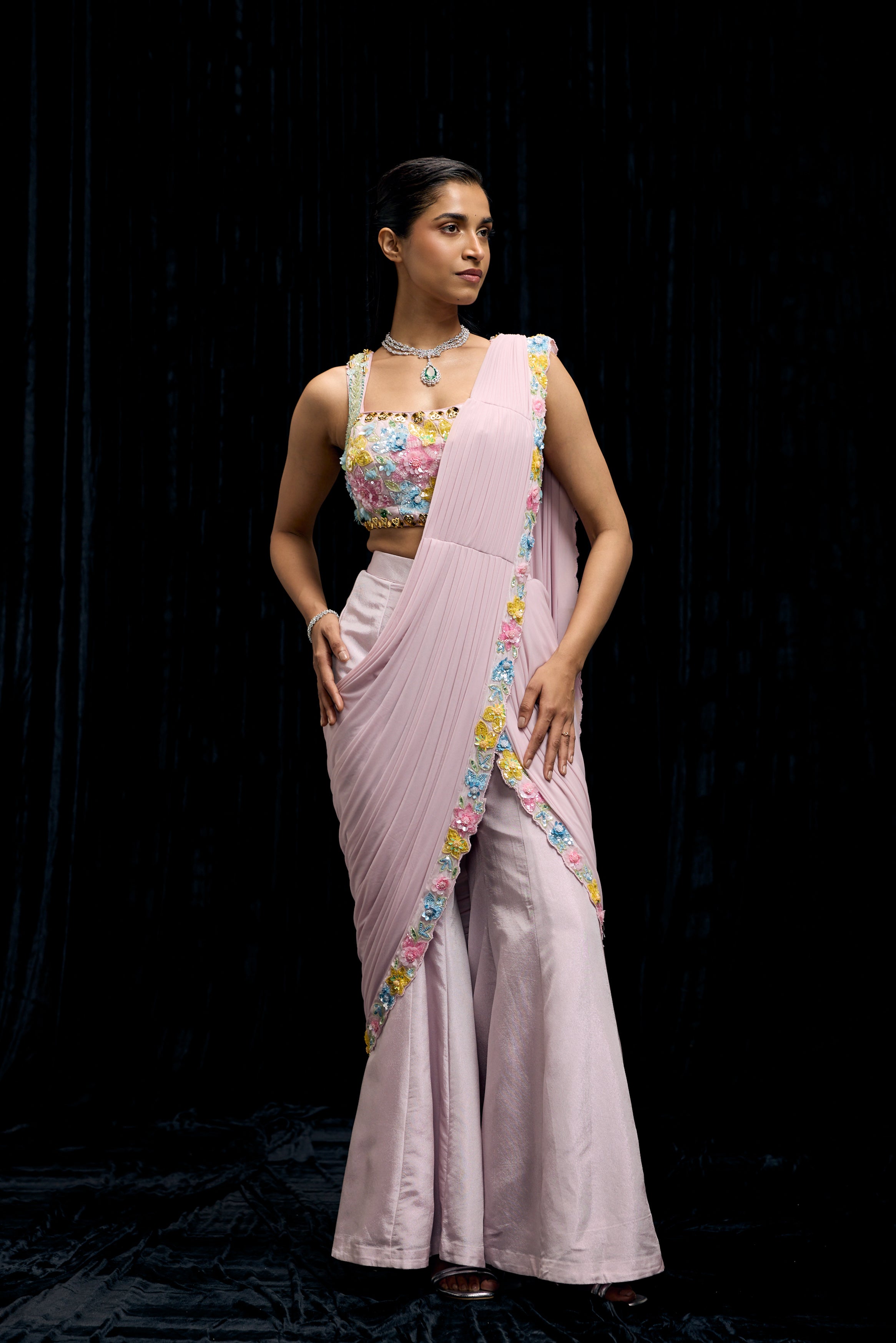 Lilac Pink Embellished Shimmer Tissue Silk Draped Palazzo Set