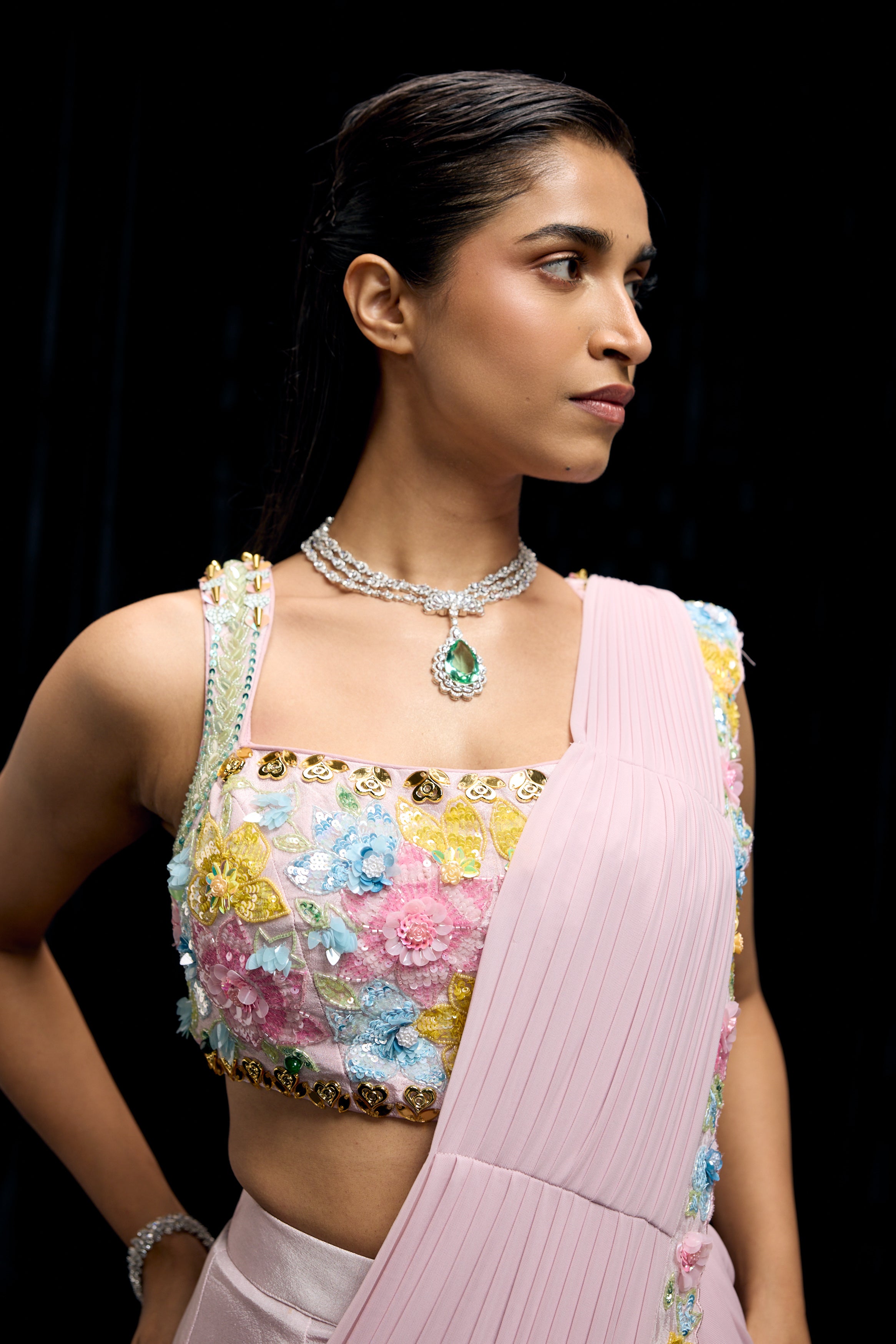 Lilac Pink Embellished Shimmer Tissue Silk Draped Palazzo Set