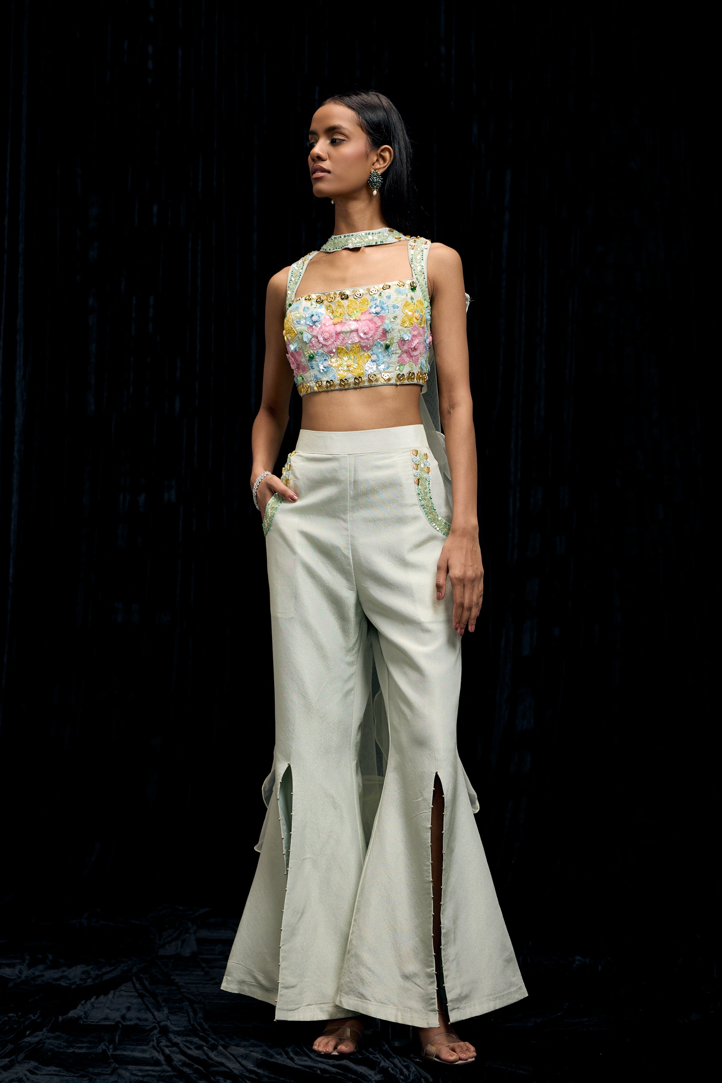 Mint Green Embellished Shimmer Tissue Silk Palazzo Set