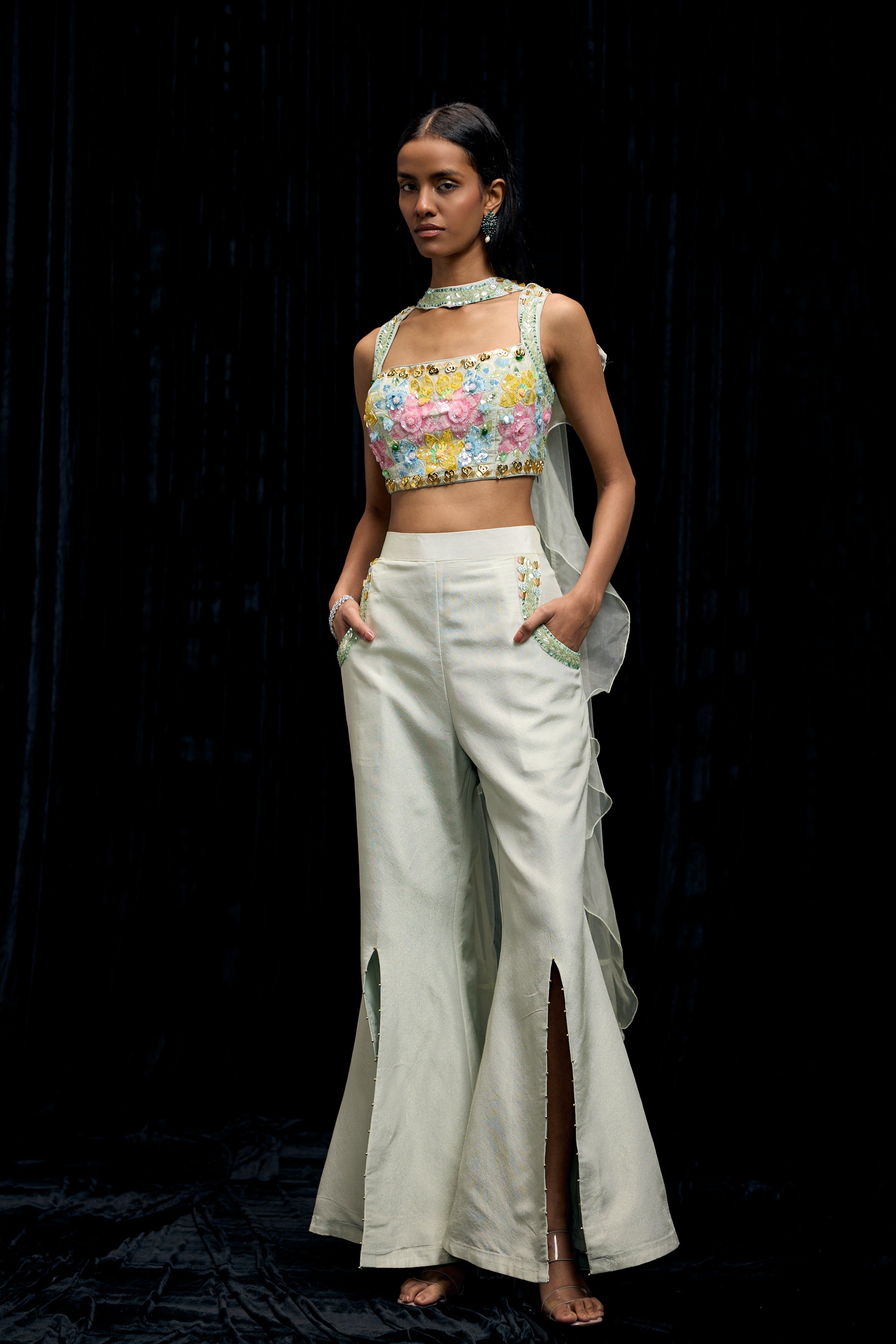 Mint Green Embellished Shimmer Tissue Silk Palazzo Set