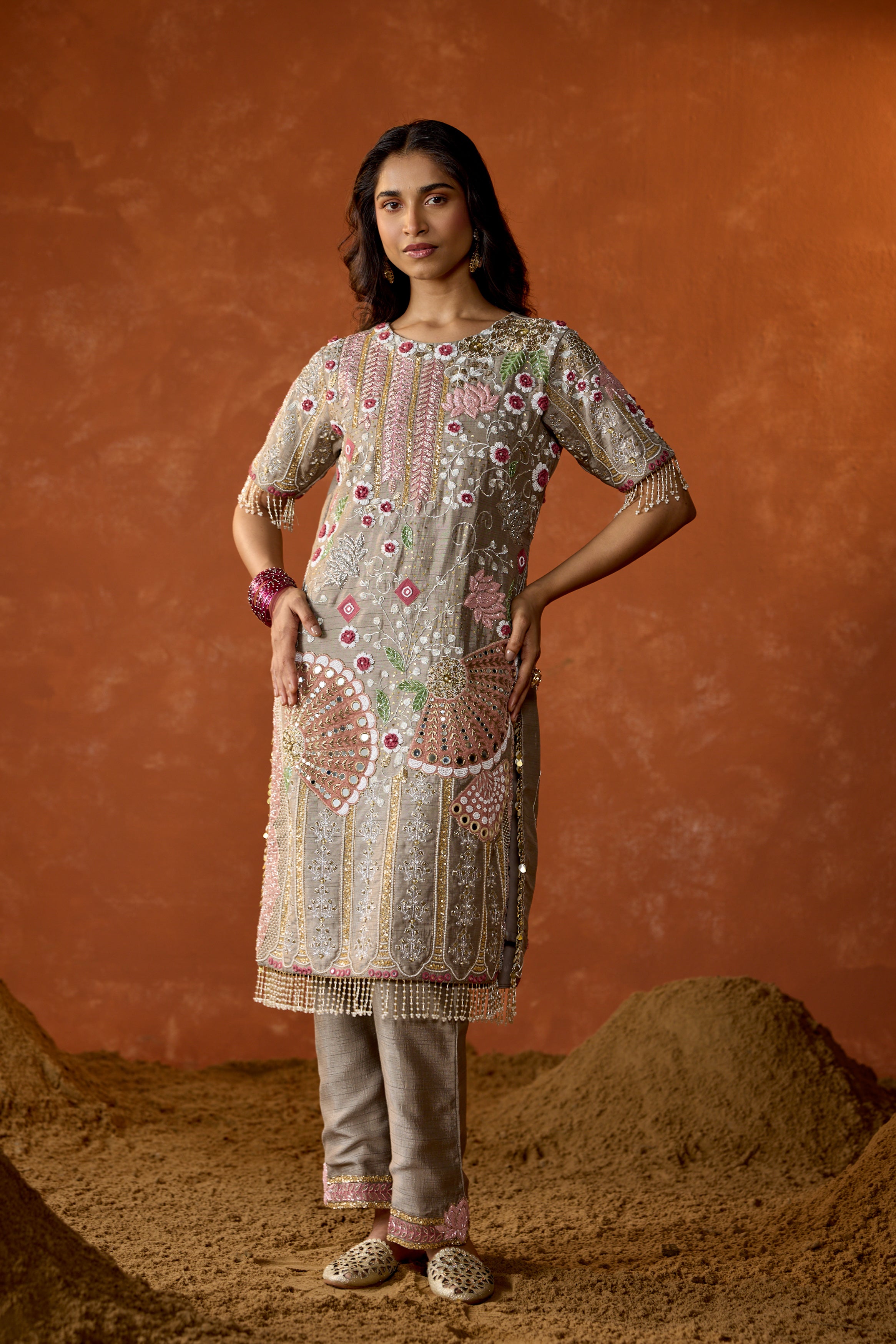 Light Grey Embellished Raw Silk Pant Set