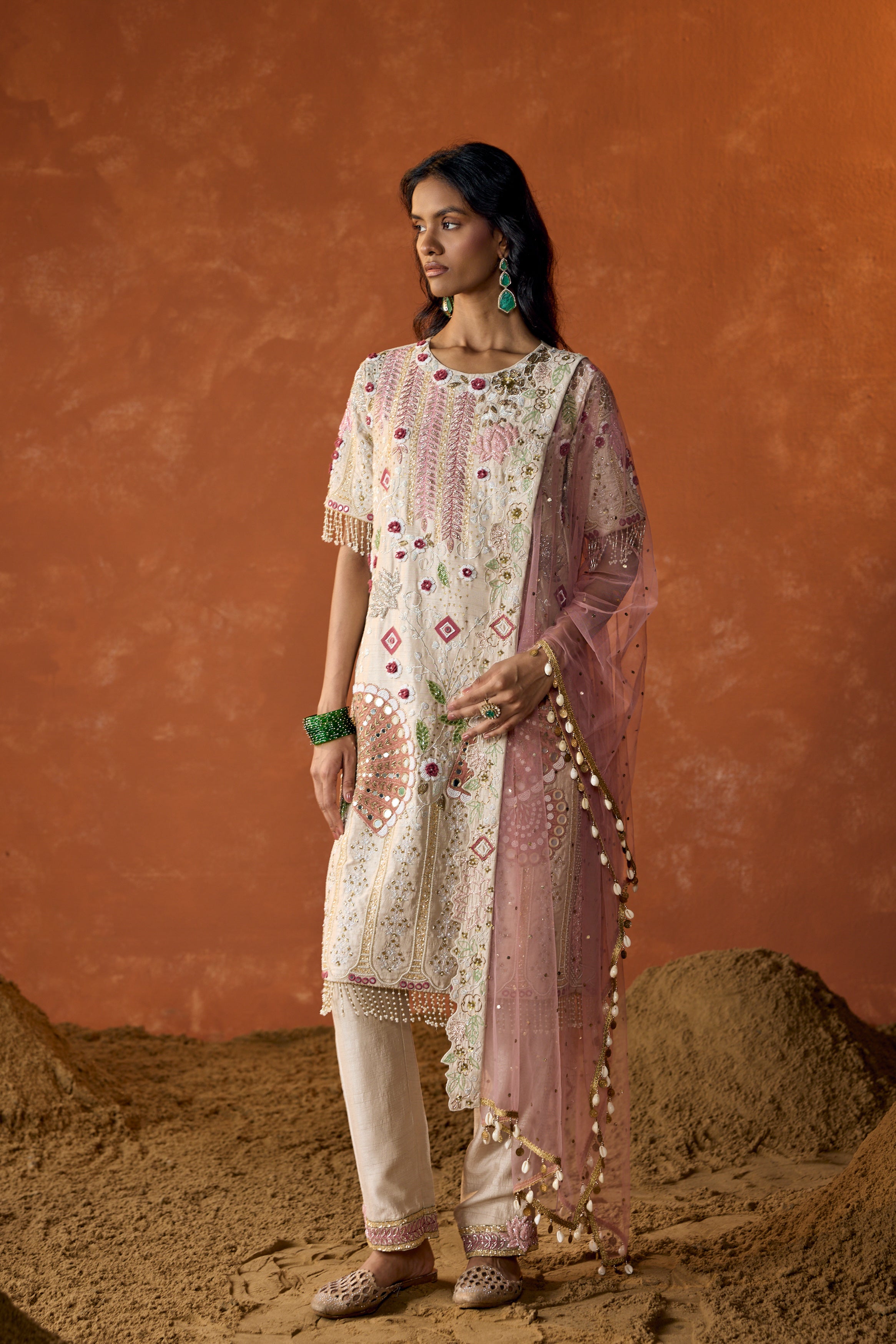 Off-White Embellished Raw Silk Pant Set