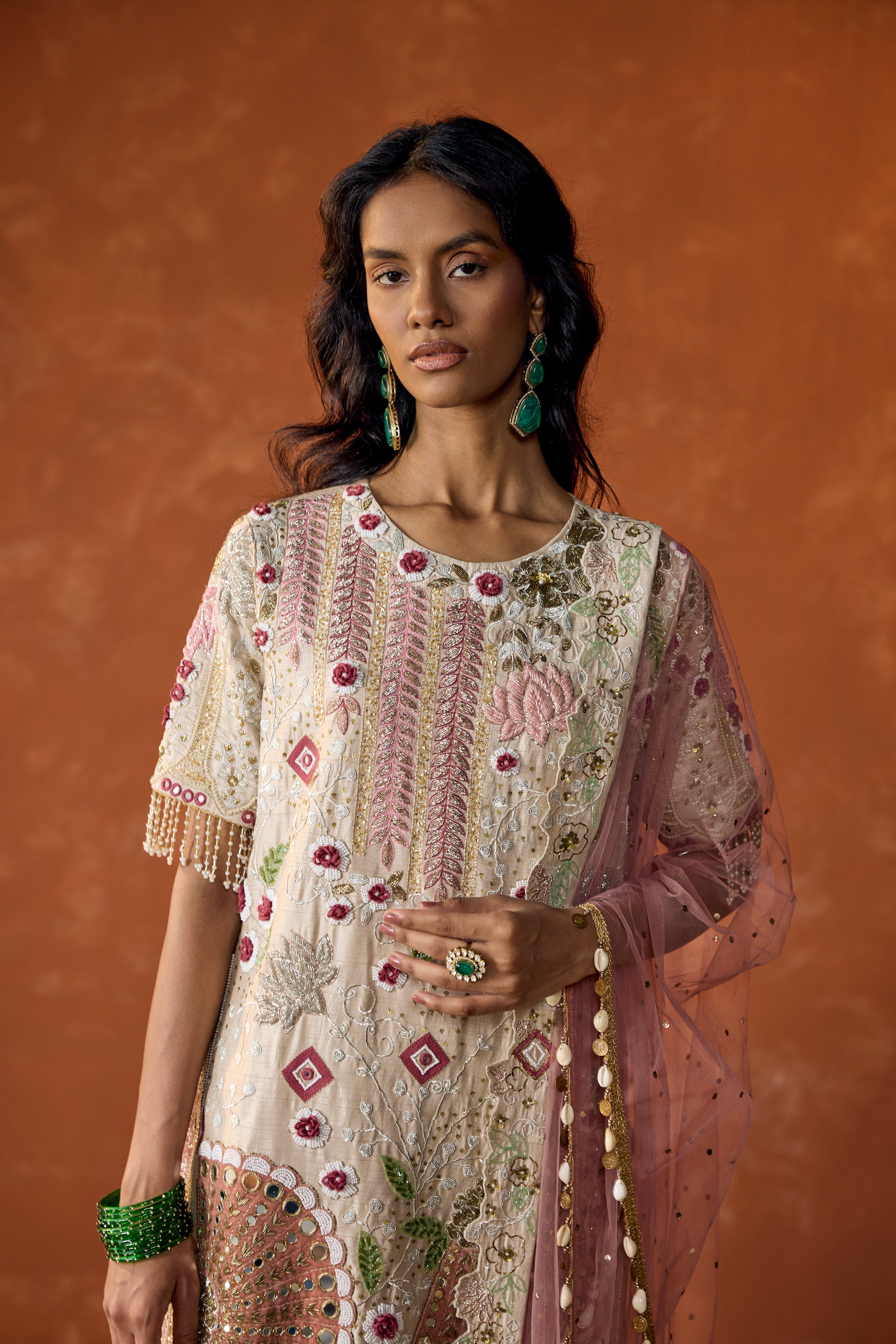 Off-White Embellished Raw Silk Pant Set