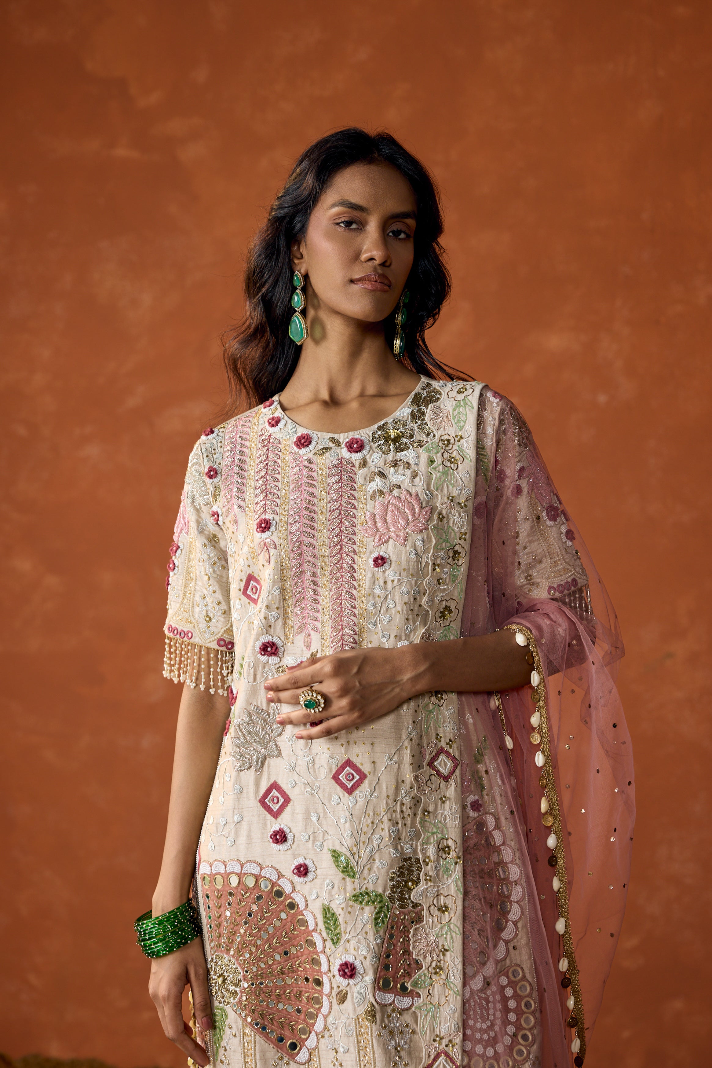 Off-White Embellished Raw Silk Pant Set