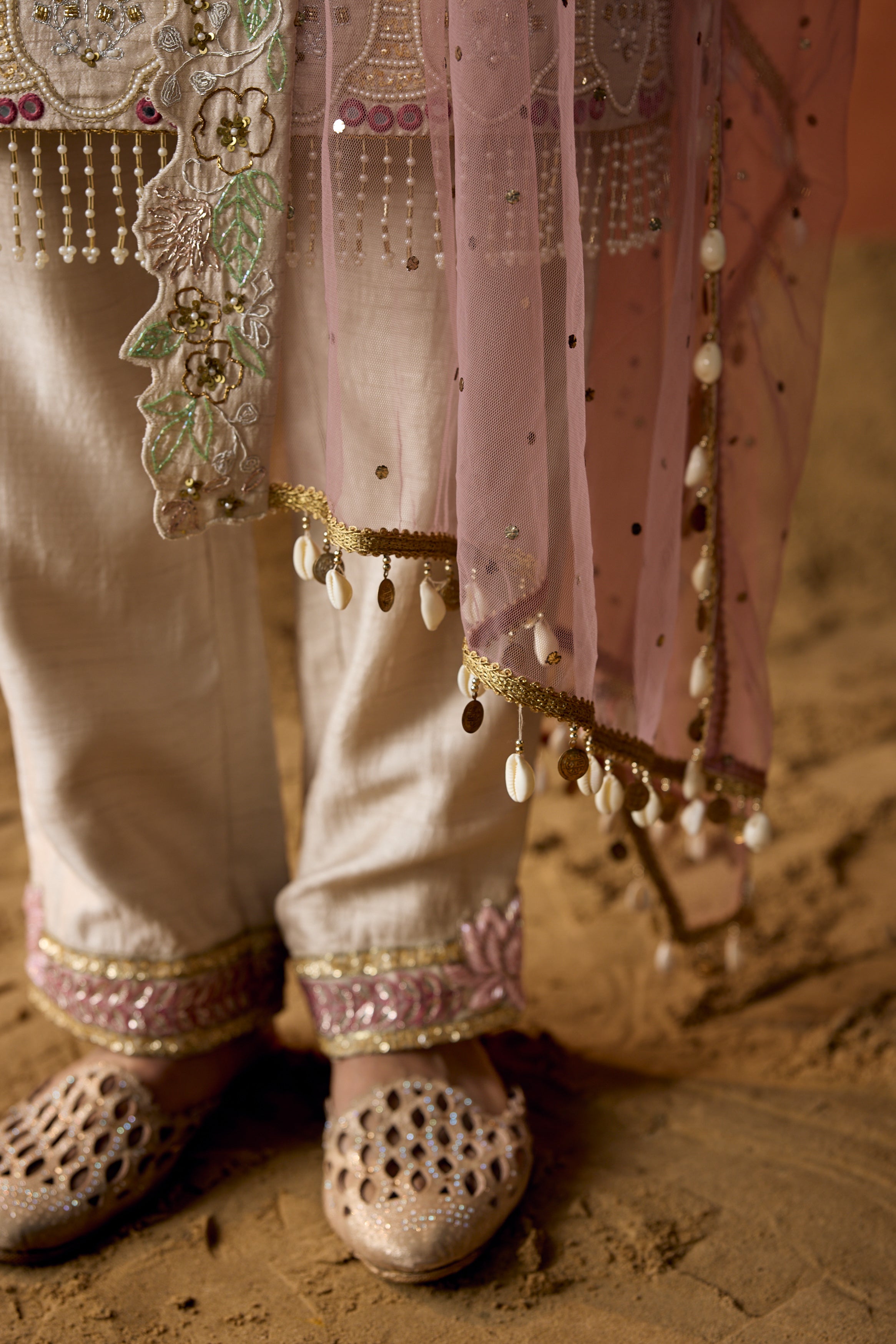 Off-White Embellished Raw Silk Pant Set