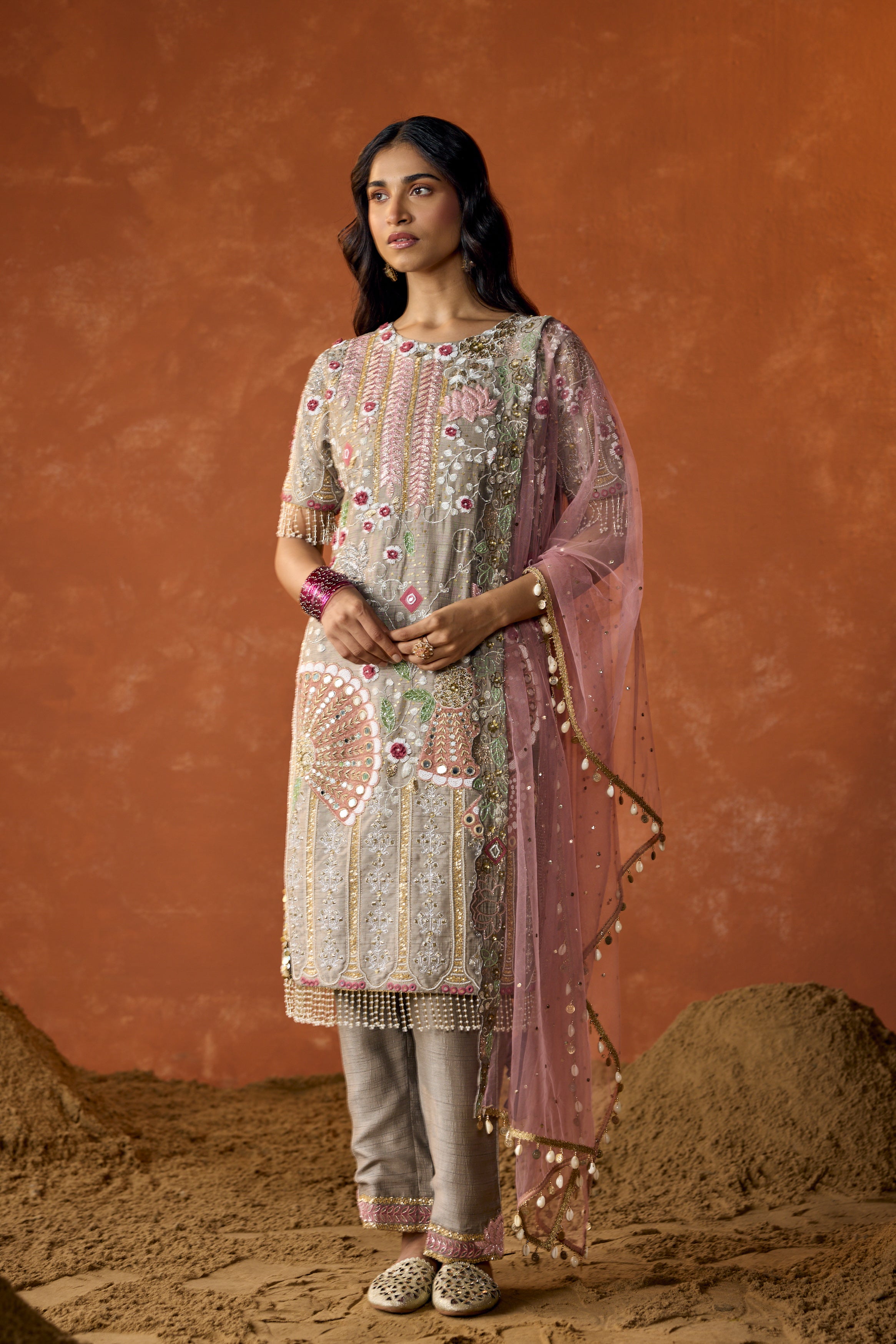 Light Grey Embellished Raw Silk Pant Set