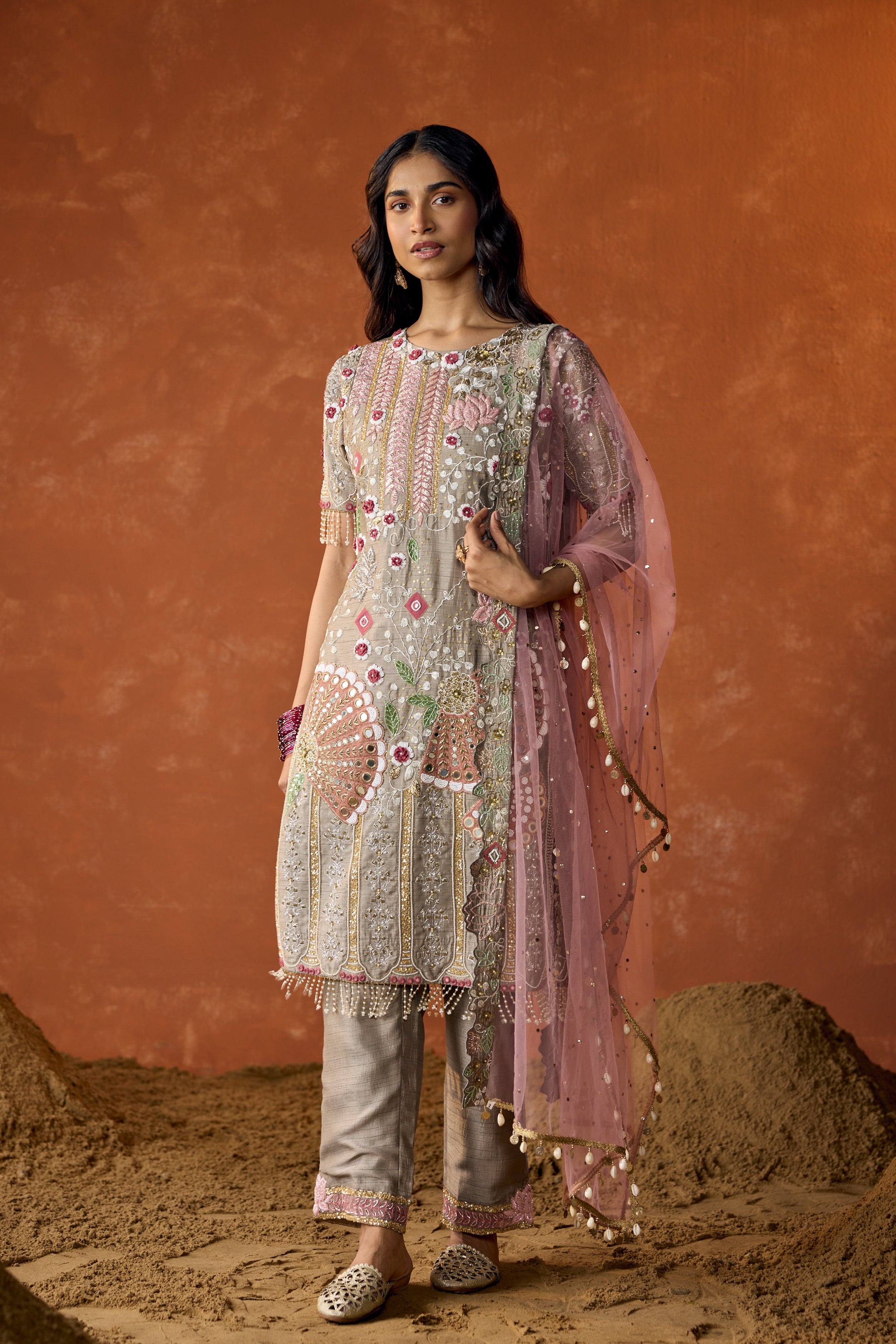 Light Grey Embellished Raw Silk Pant Set