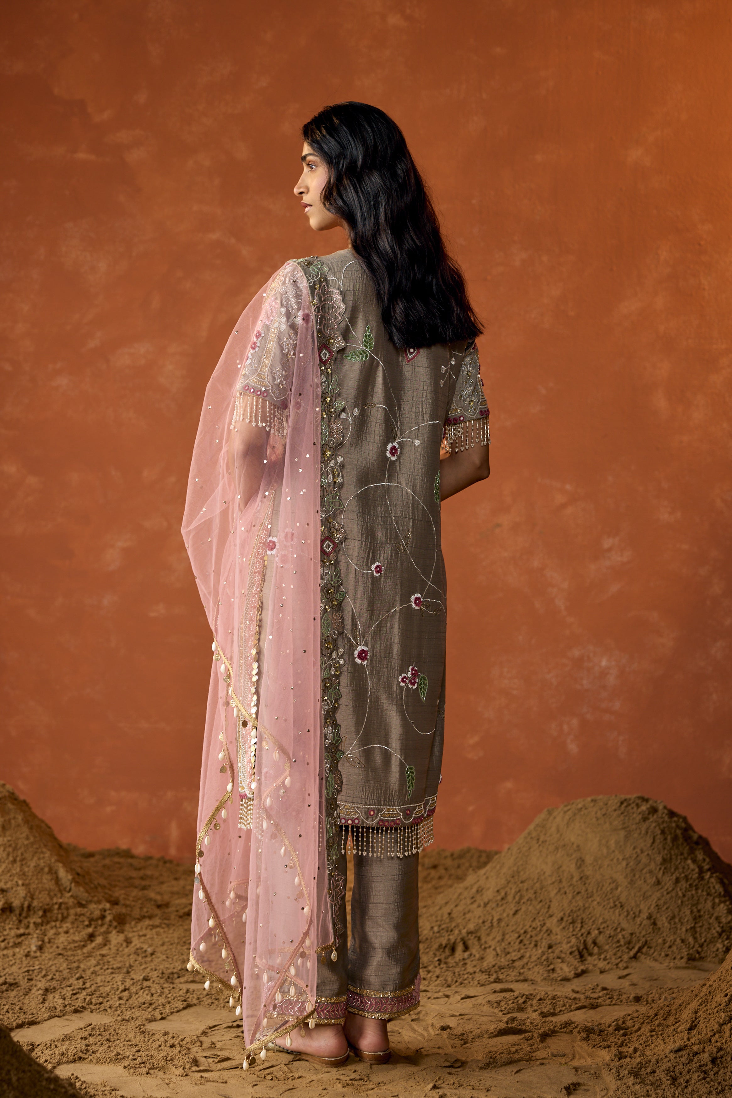 Light Grey Embellished Raw Silk Pant Set