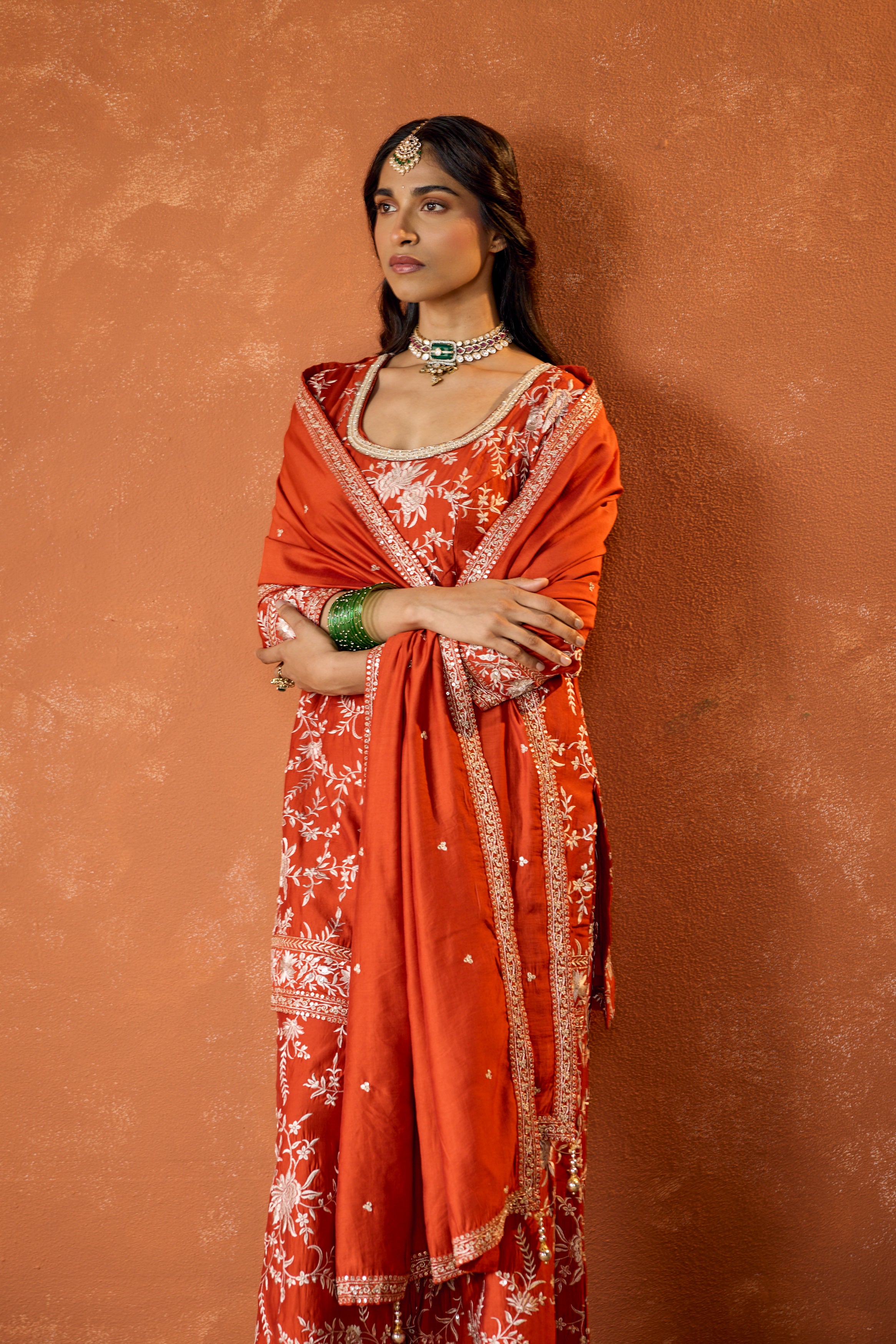 Terracotta Rust Embroidered Uppada Silk Palazzo Set