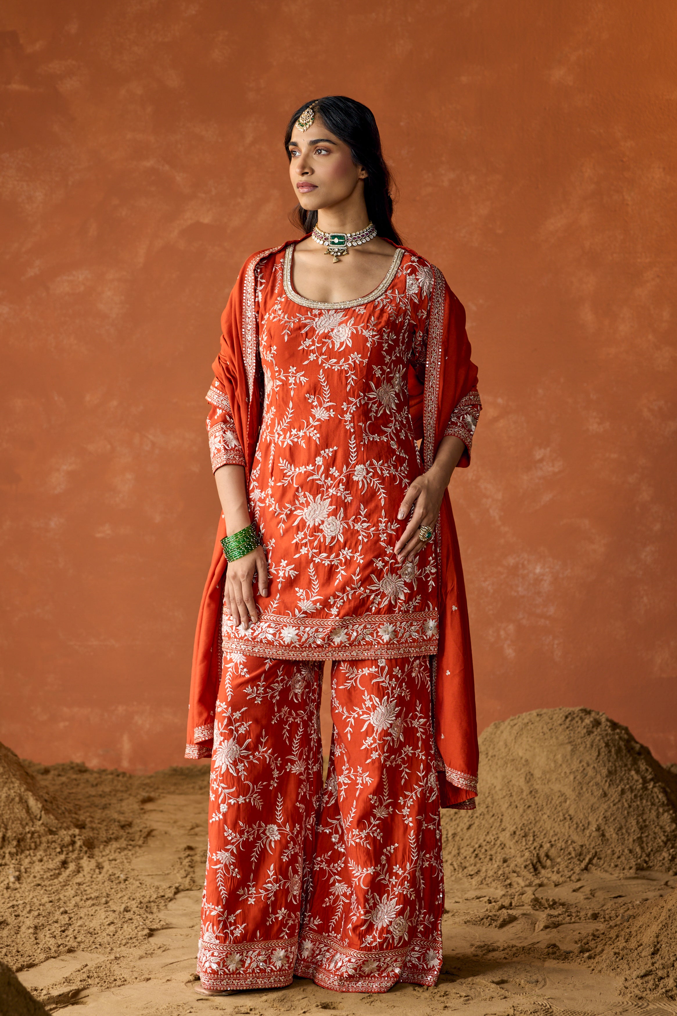Terracotta Rust Embroidered Uppada Silk Palazzo Set