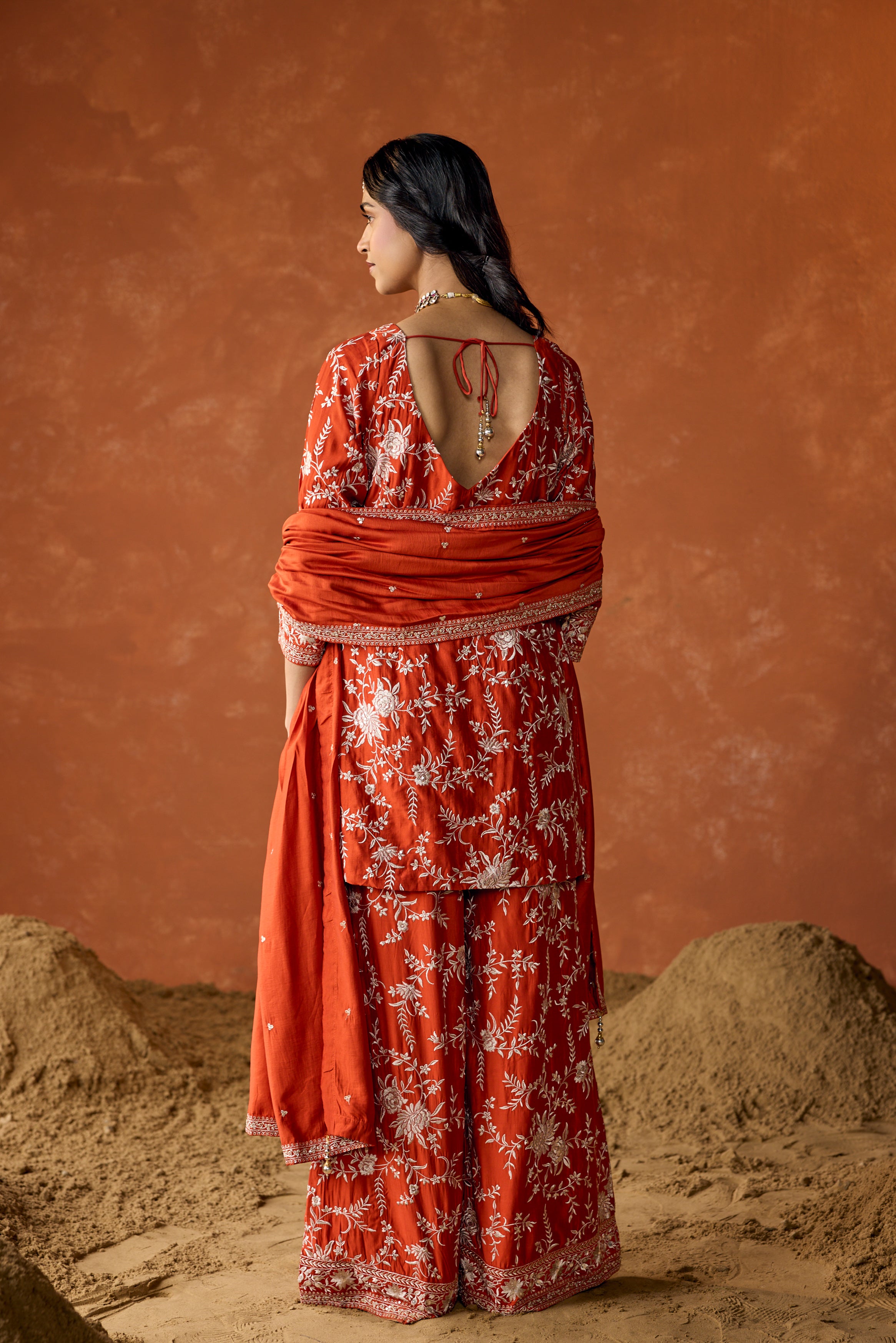 Terracotta Rust Embroidered Uppada Silk Palazzo Set