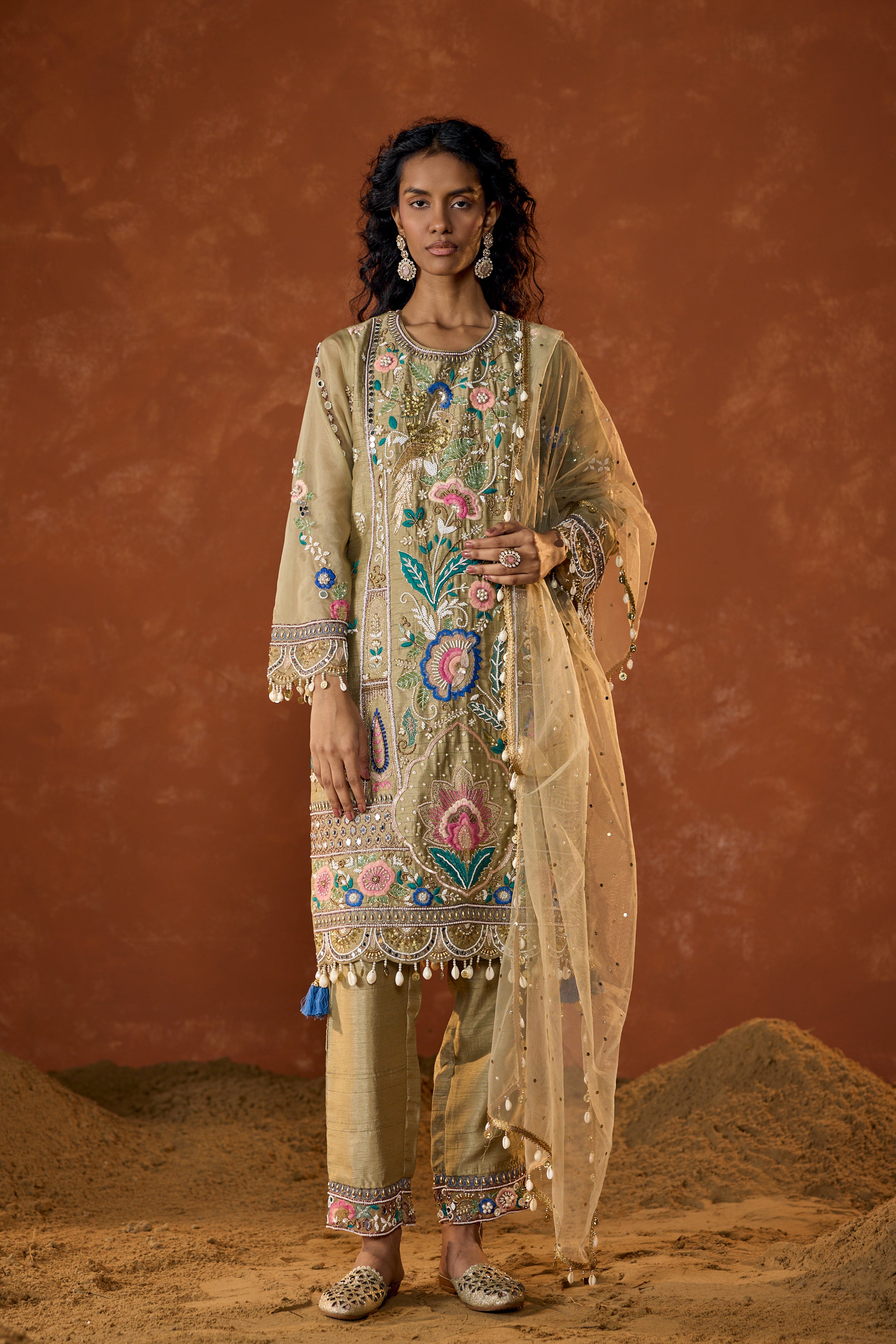 Taupe Green Embellished Raw Silk Pant Set