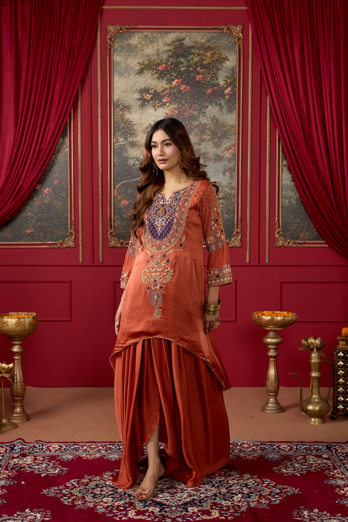 Rust Orange Embellished Crepe Satin Silk Skirt Set
