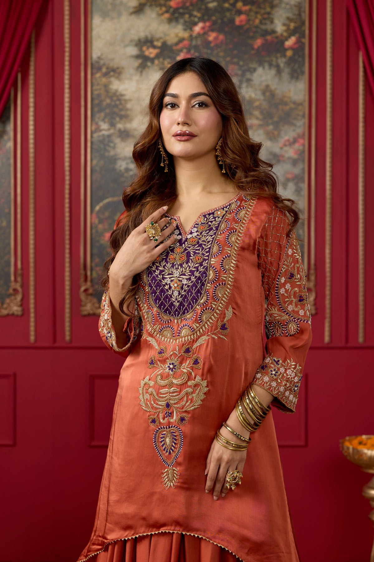 Rust Orange Embellished Crepe Satin Silk Skirt Set