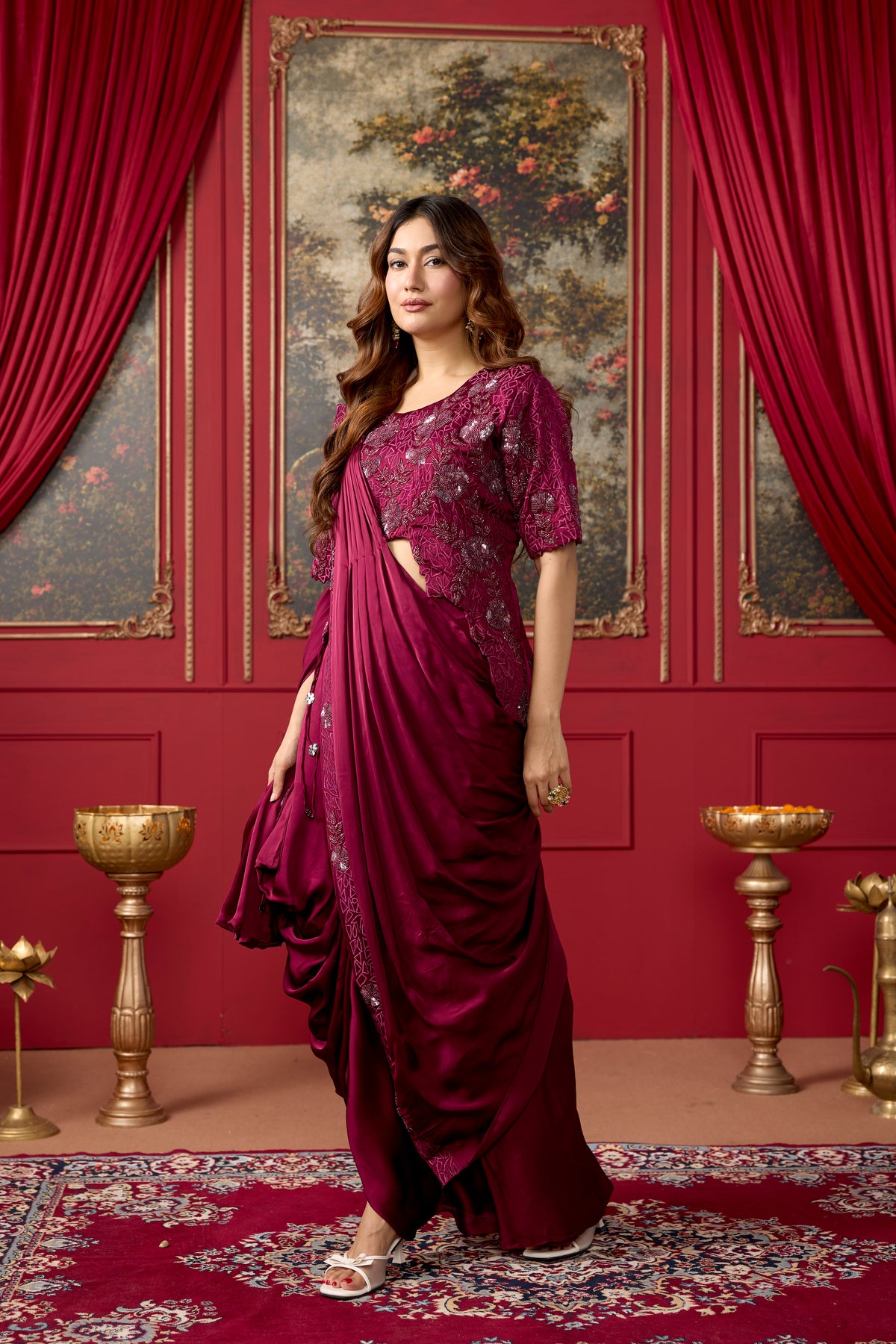Burgundy Embellished Crepe Satin Silk Pre-Draped Saree
