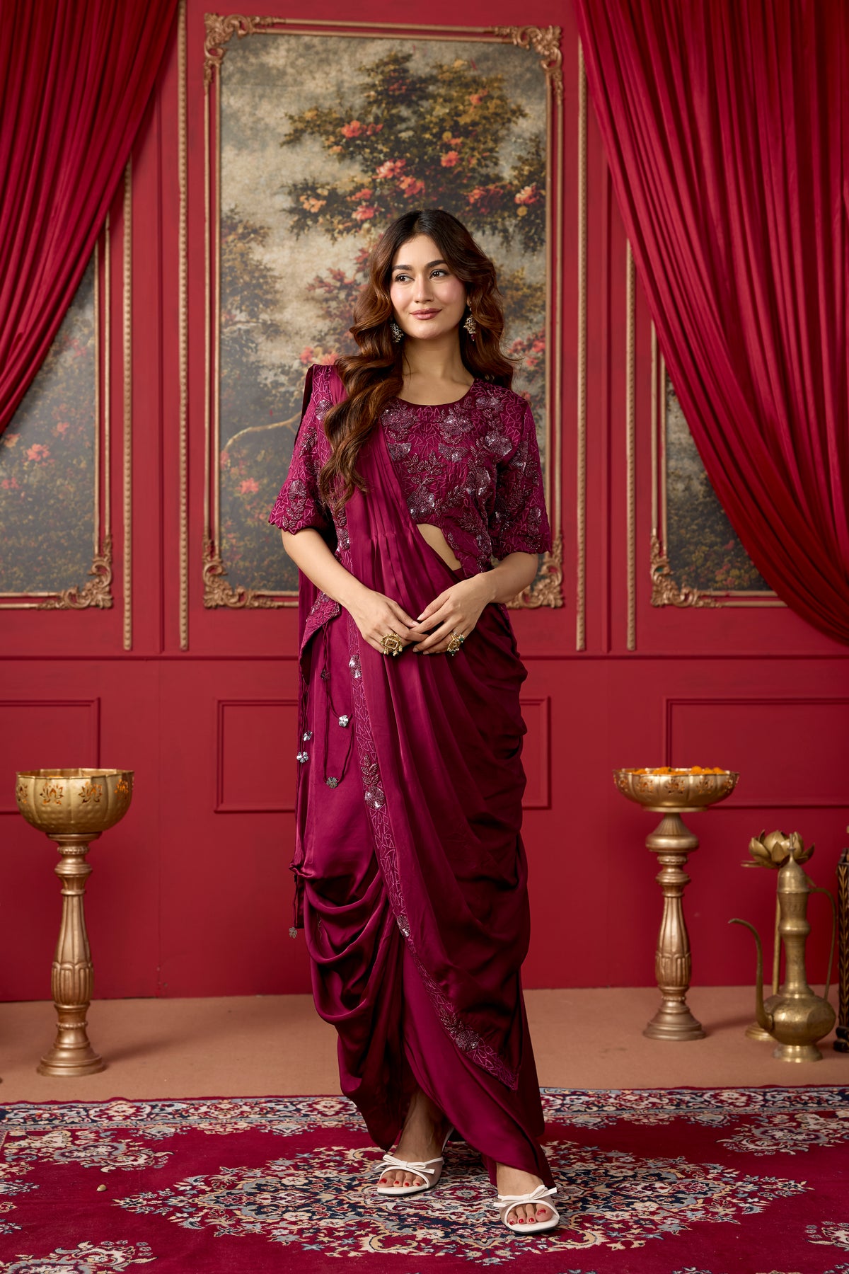 Burgundy Embellished Crepe Satin Silk Pre-Draped Saree