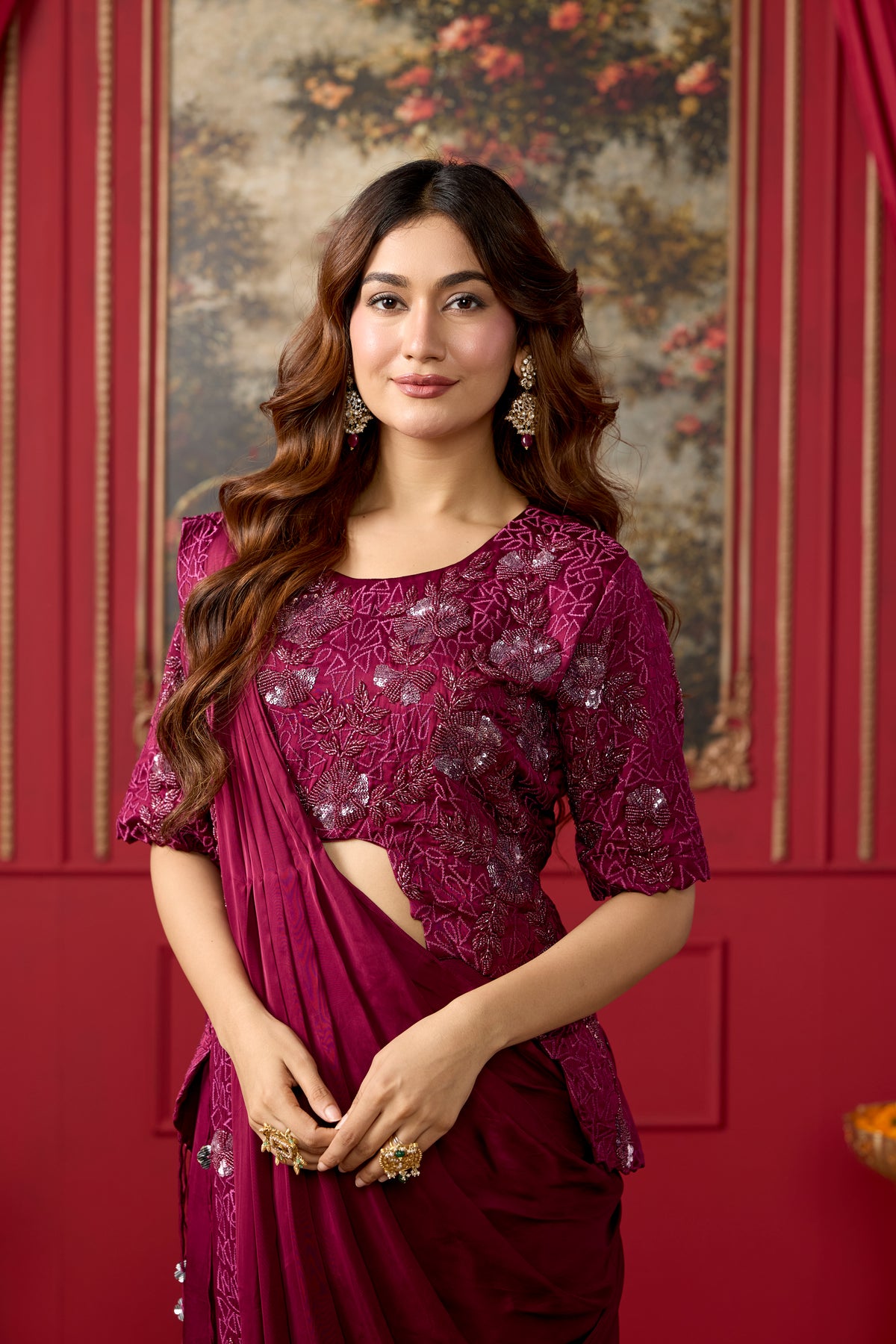 Burgundy Embellished Crepe Satin Silk Pre-Draped Saree