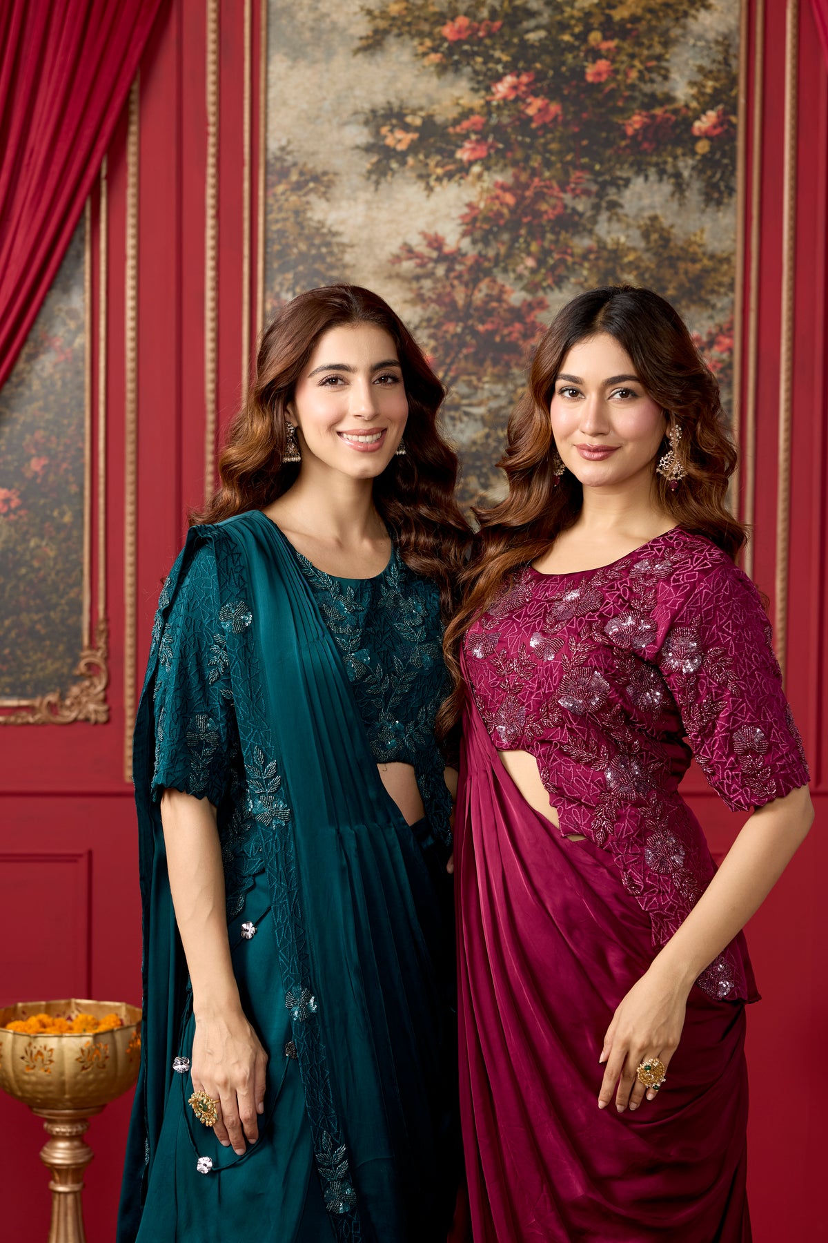 Teal Embellished Crepe Satin Silk Pre-Draped Saree